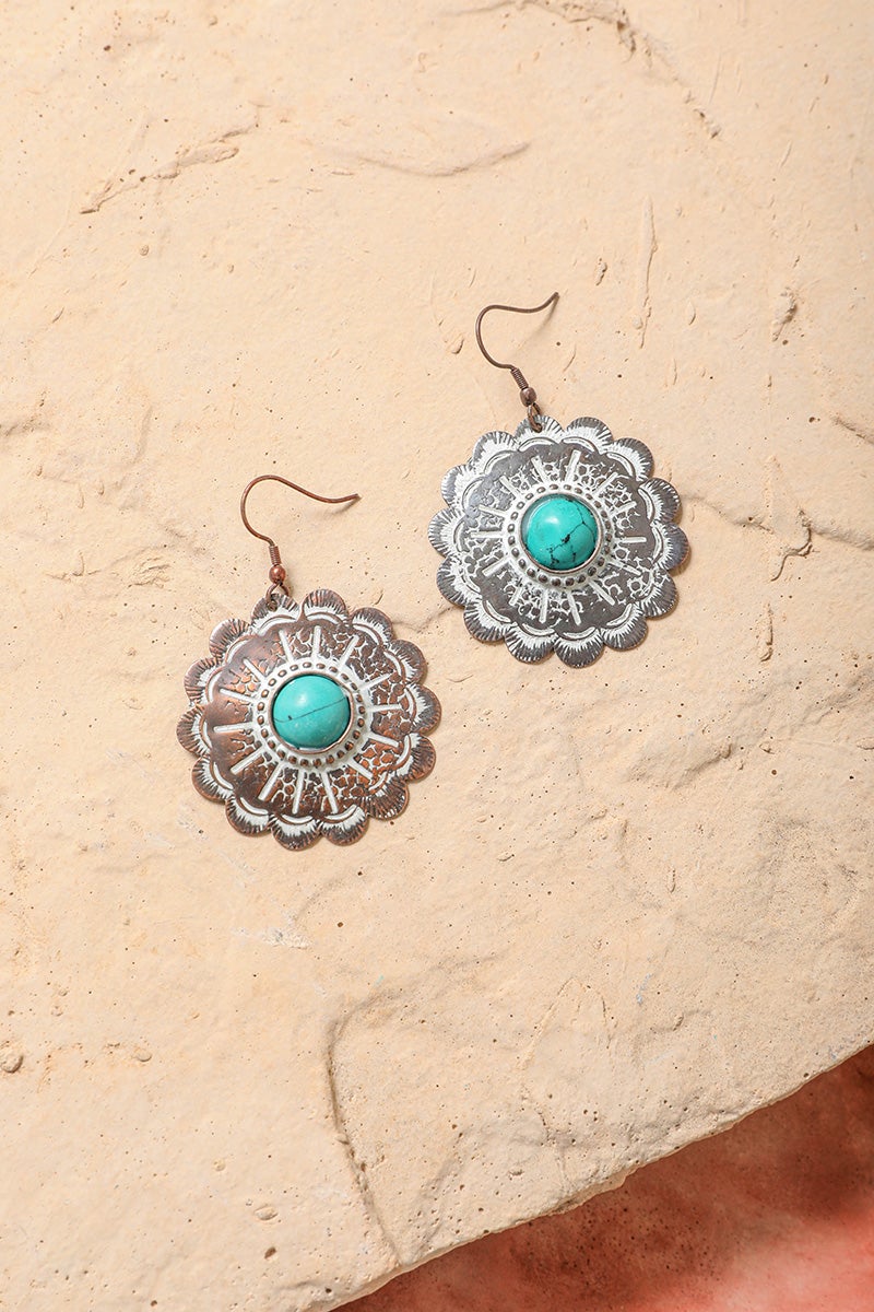 A pair of Rustic Flower Power Drop Earrings featuring intricate floral designs made from brass and stone.