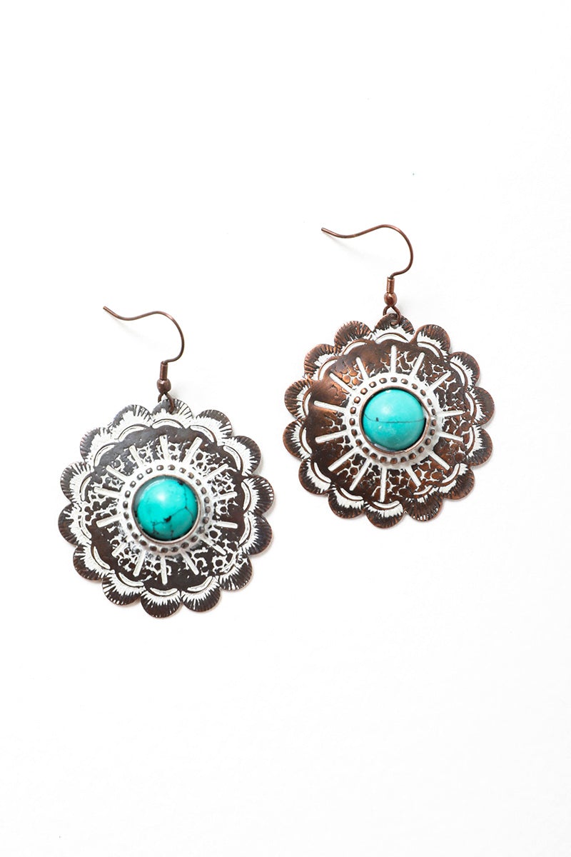 A pair of Rustic Flower Power Drop Earrings featuring intricate floral designs made from brass and stone.