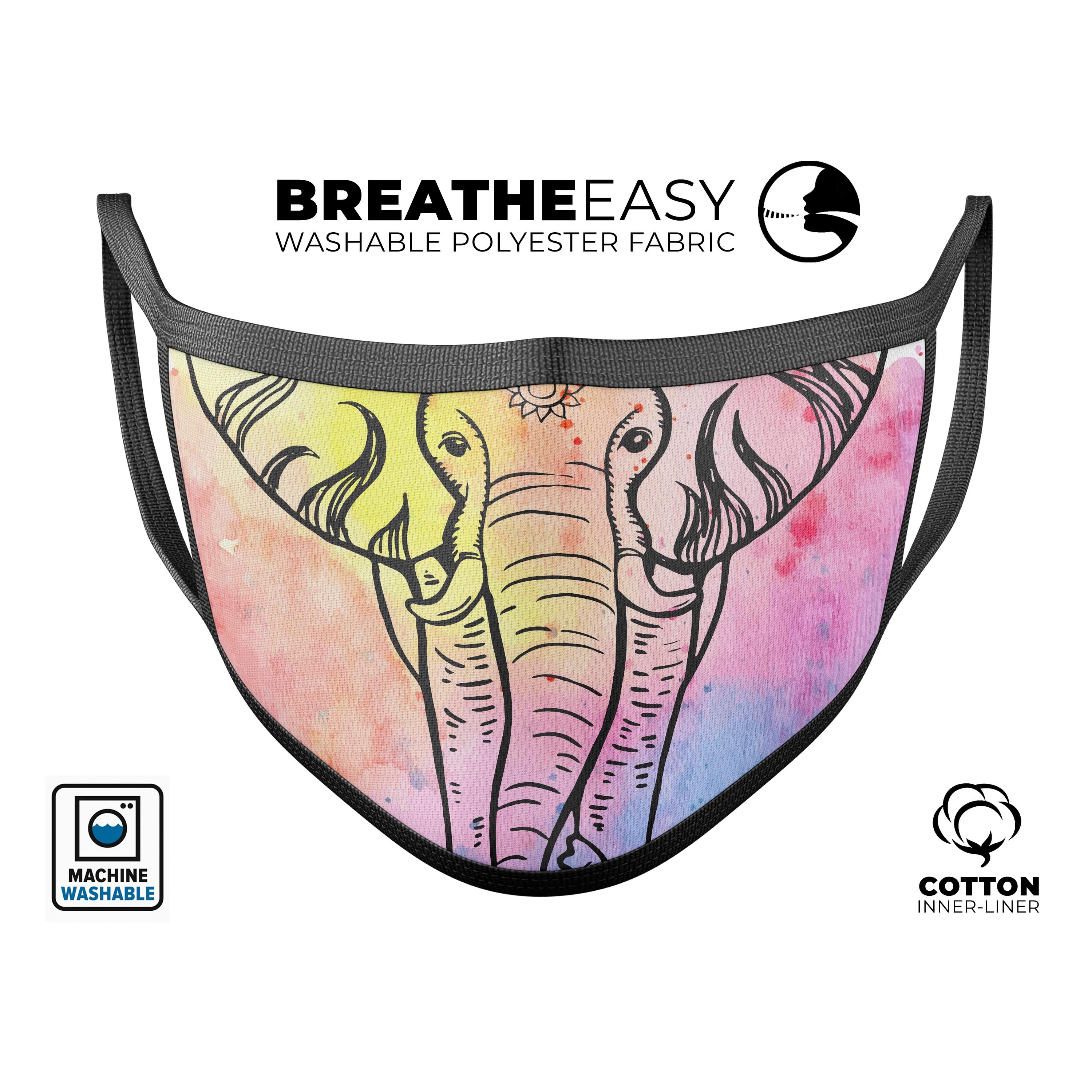 Sacred Elephant Watercolor face mask, showcasing vibrant colors and intricate elephant design, made in the USA.