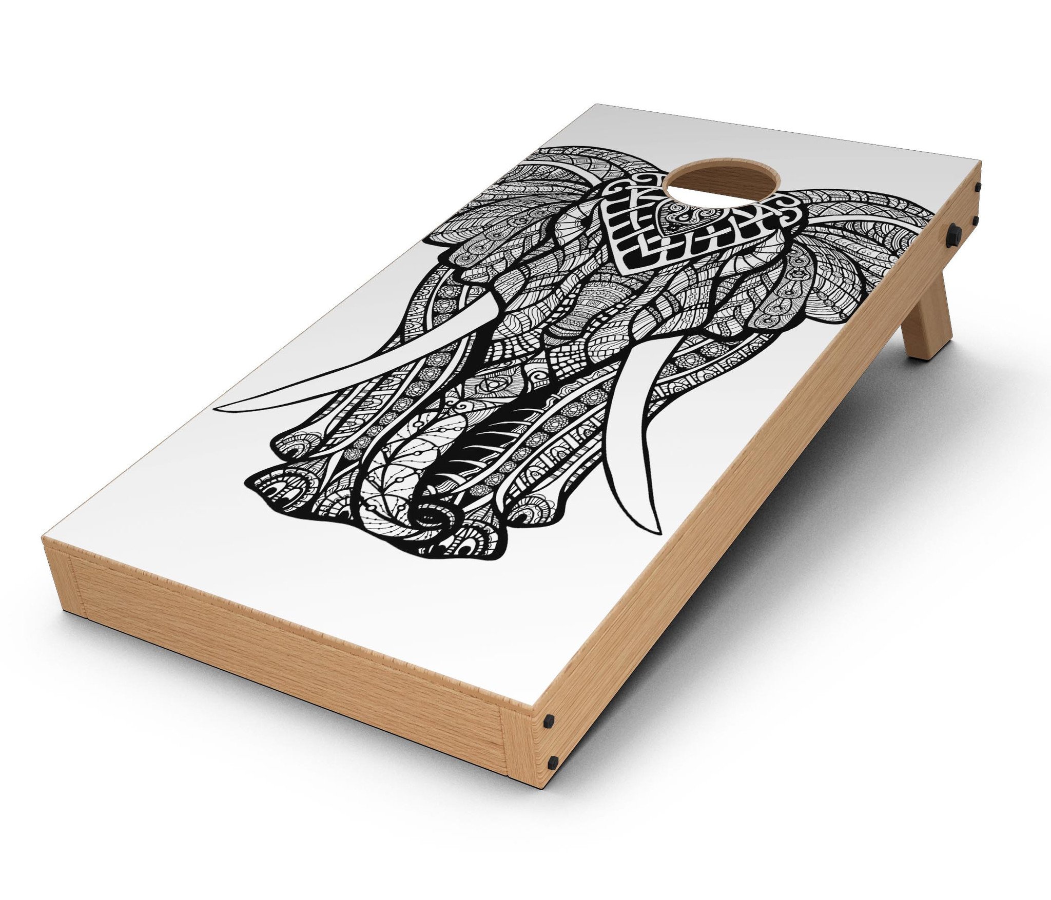 Sacred Ornate Elephant CornHole Board Skin Decal Kit showcasing vibrant elephant design on premium vinyl material.