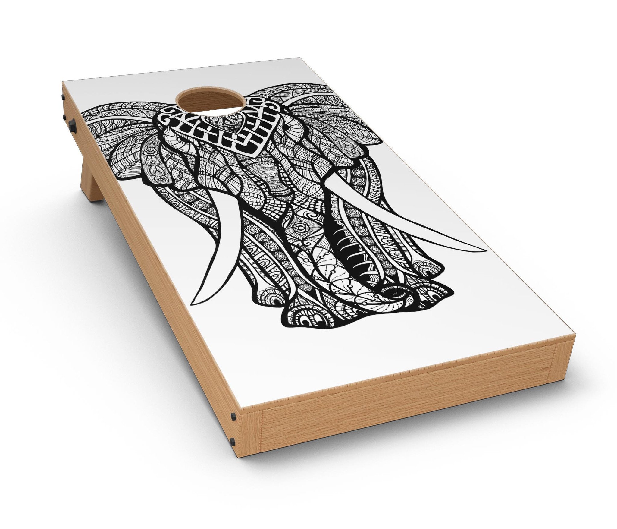 Sacred Ornate Elephant CornHole Board Skin Decal Kit showcasing vibrant elephant design on premium vinyl material.