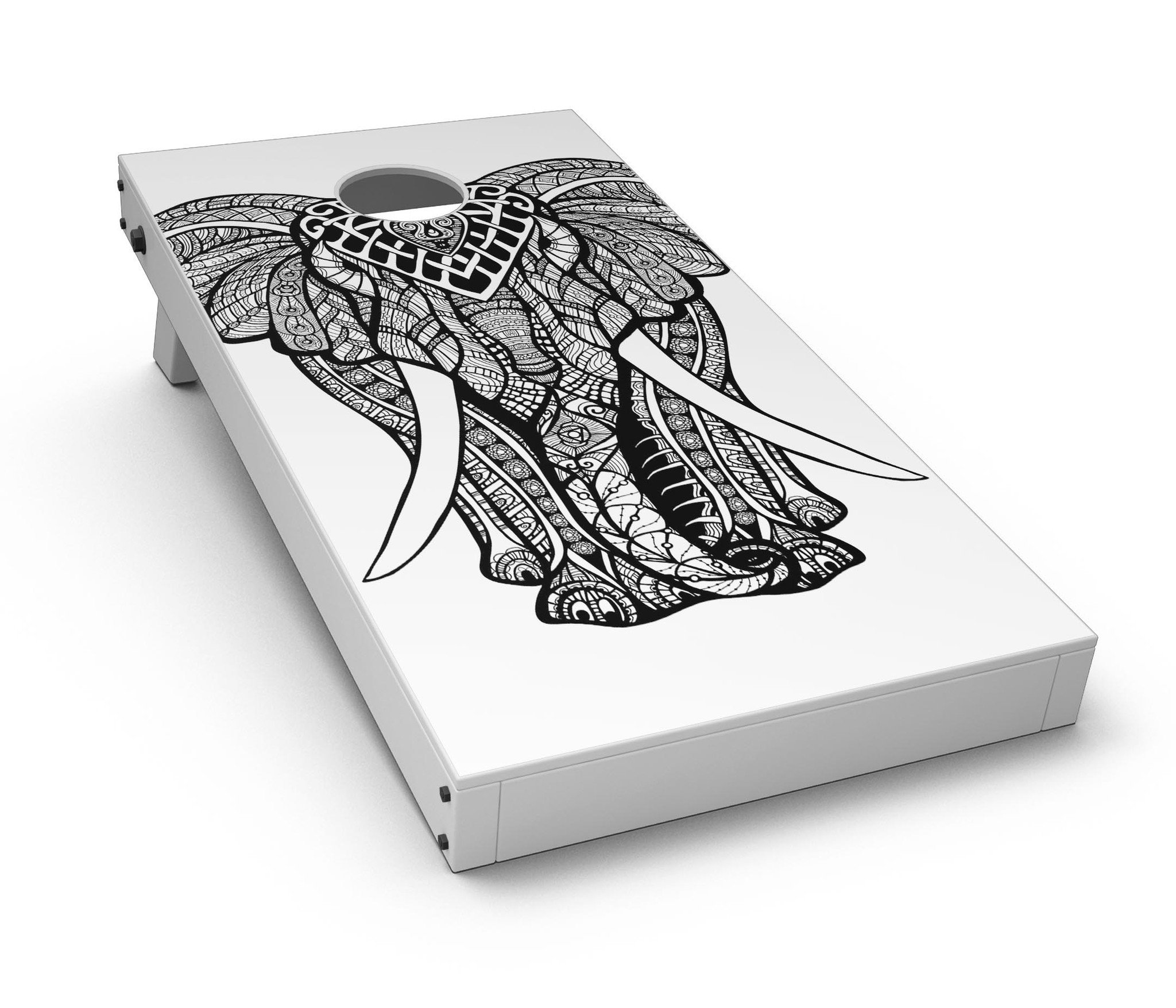 Sacred Ornate Elephant CornHole Board Skin Decal Kit showcasing vibrant elephant design on premium vinyl material.