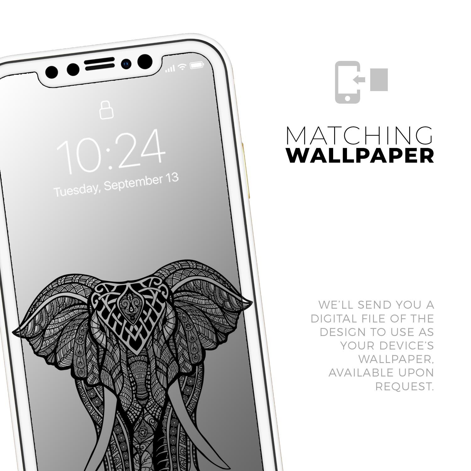 Sacred Ornate Elephant Skin-Kit for Apple iPhone, showcasing intricate elephant design on a sleek vinyl surface.