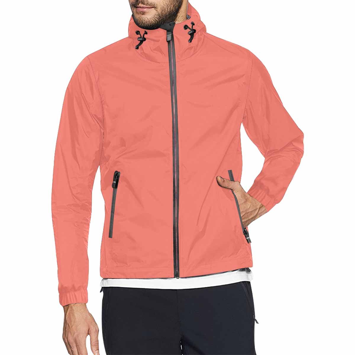 Salmon red hooded windbreaker jacket for men and women, featuring a stylish design with zippered pockets and adjustable hood.