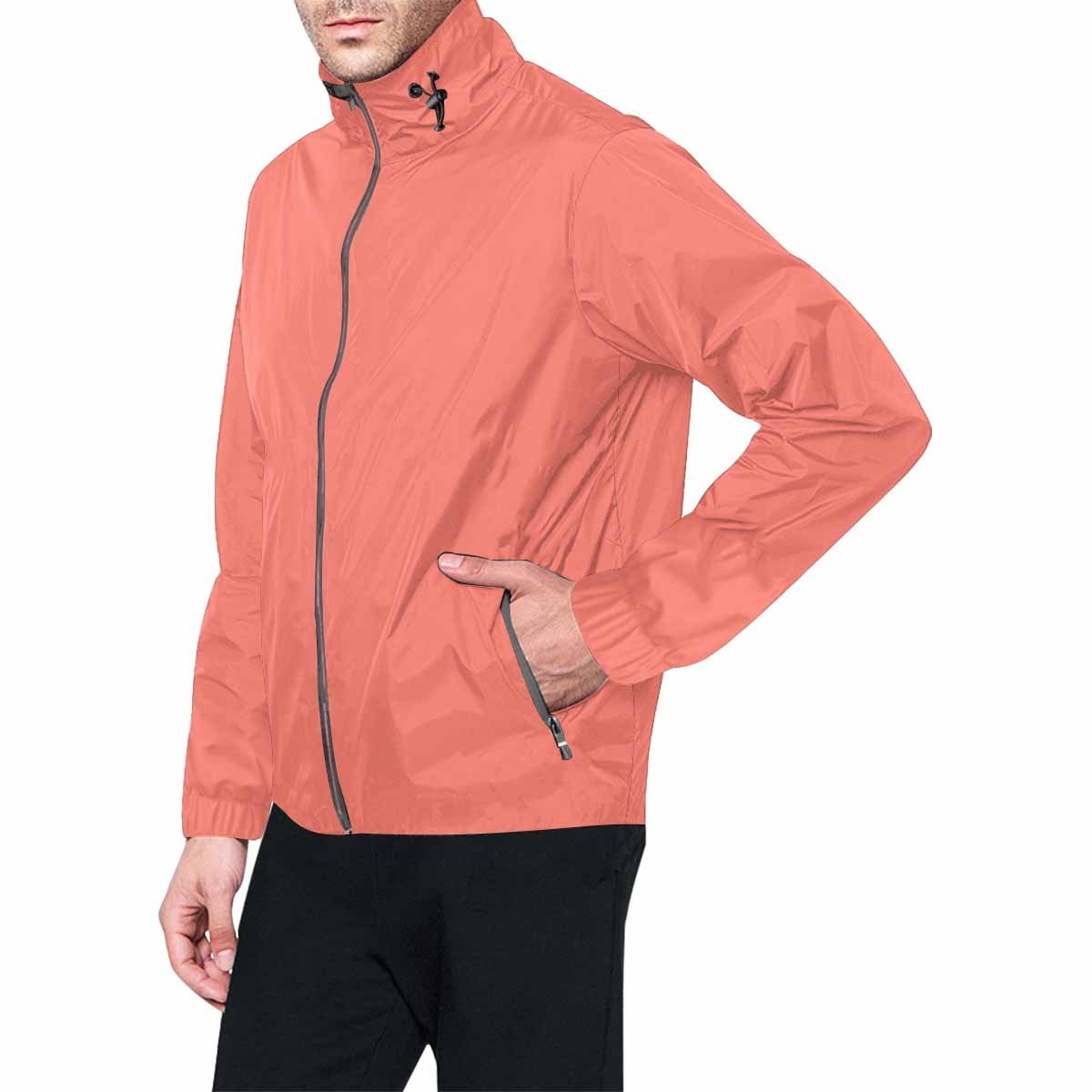 Salmon red hooded windbreaker jacket for men and women, featuring a stylish design with zippered pockets and adjustable hood.