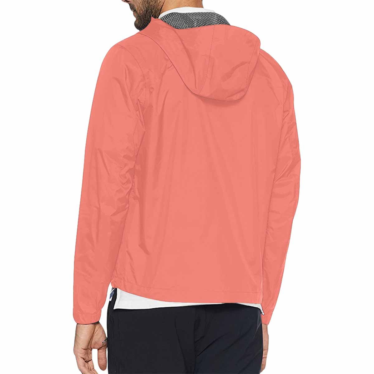 Salmon red hooded windbreaker jacket for men and women, featuring a stylish design with zippered pockets and adjustable hood.