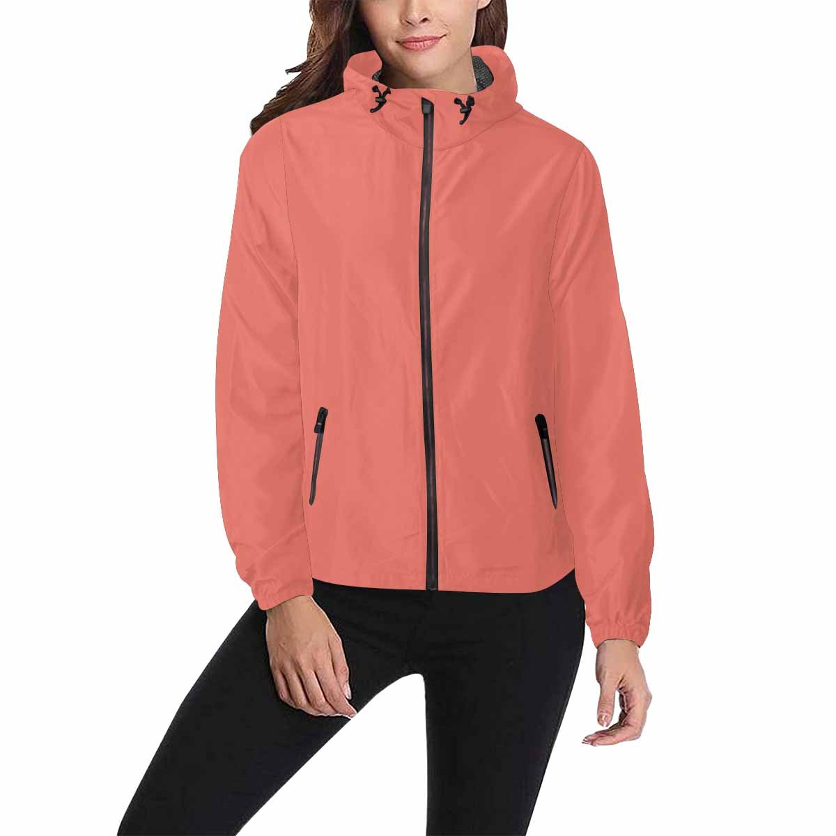 Salmon red hooded windbreaker jacket for men and women, featuring a stylish design with zippered pockets and adjustable hood.