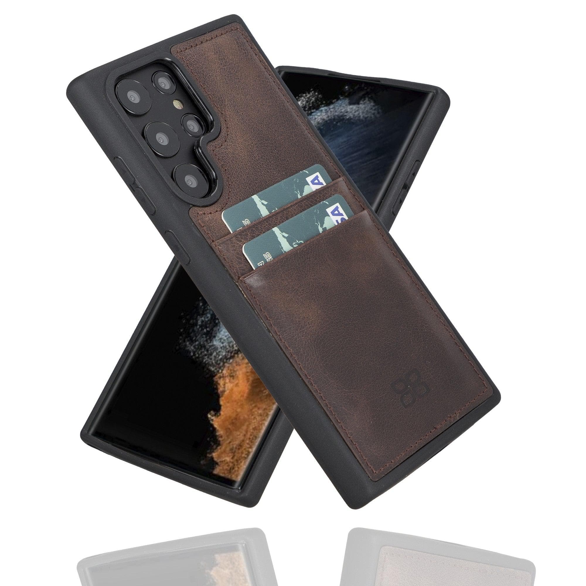 Samsung Galaxy S22 Series Genuine Leather Slim Back Cover Case showcasing its sleek design and card slots.