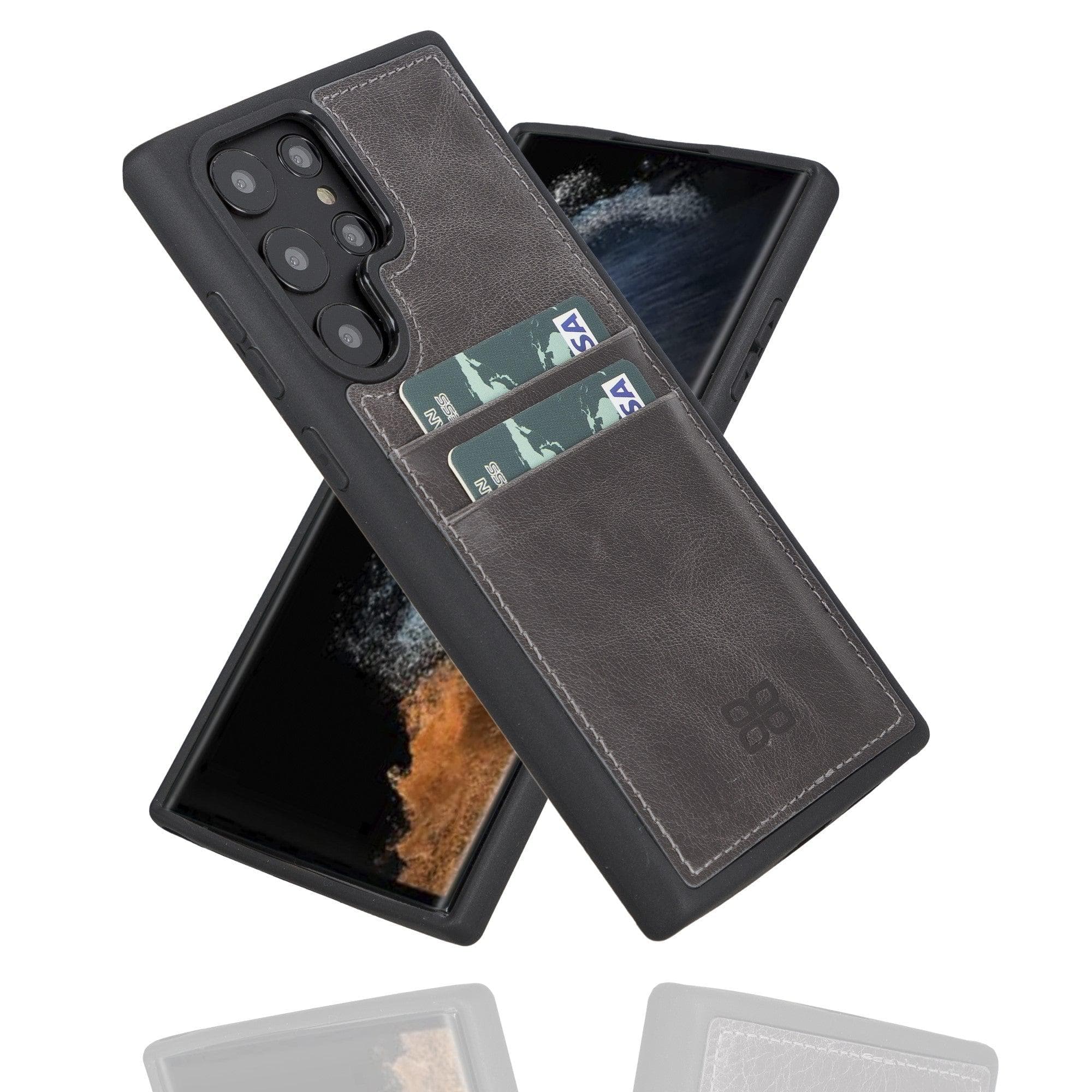 Samsung Galaxy S22 Series Genuine Leather Slim Back Cover Case showcasing its sleek design and card slots.