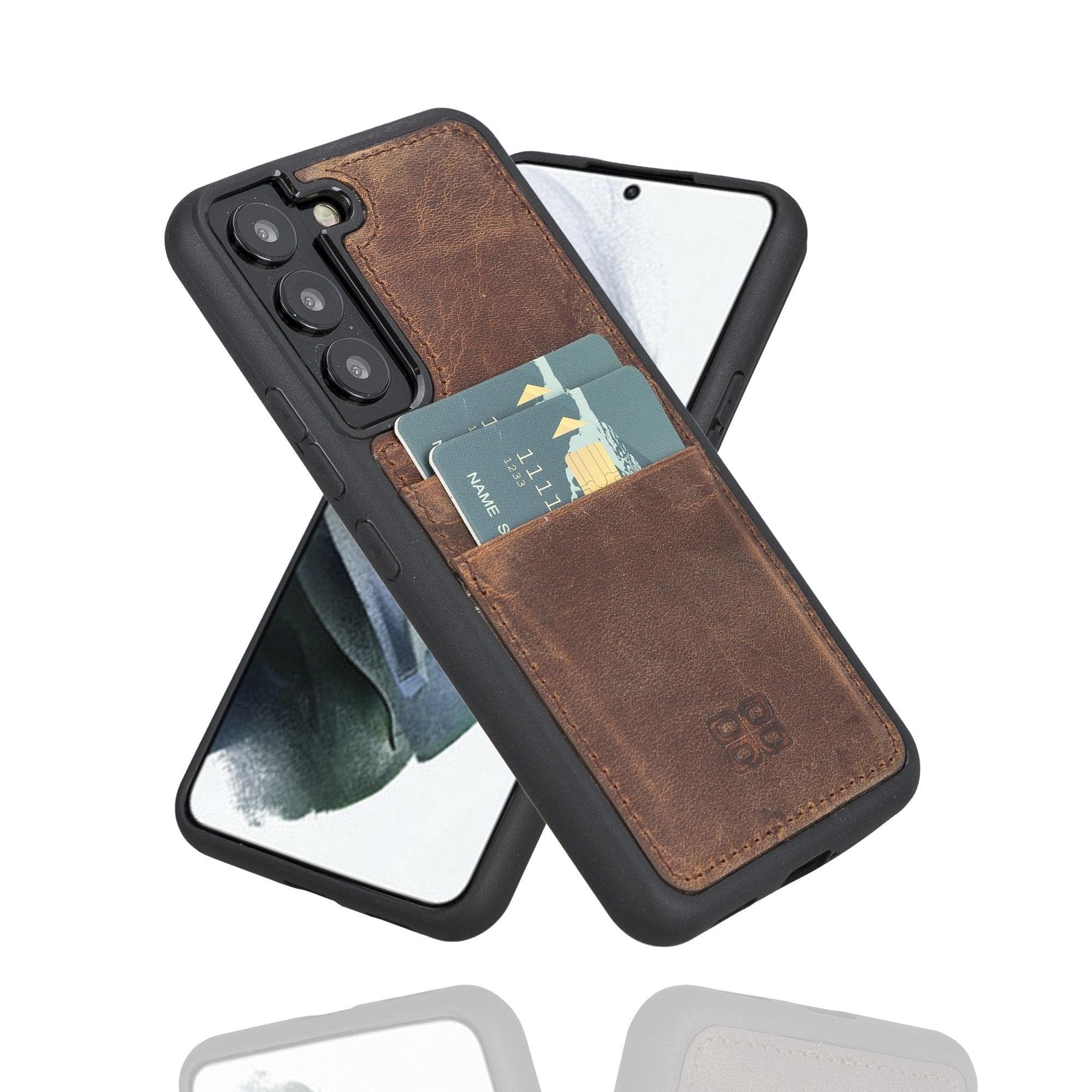 Samsung Galaxy S22 Series Genuine Leather Slim Back Cover Case showcasing its sleek design and card slots.