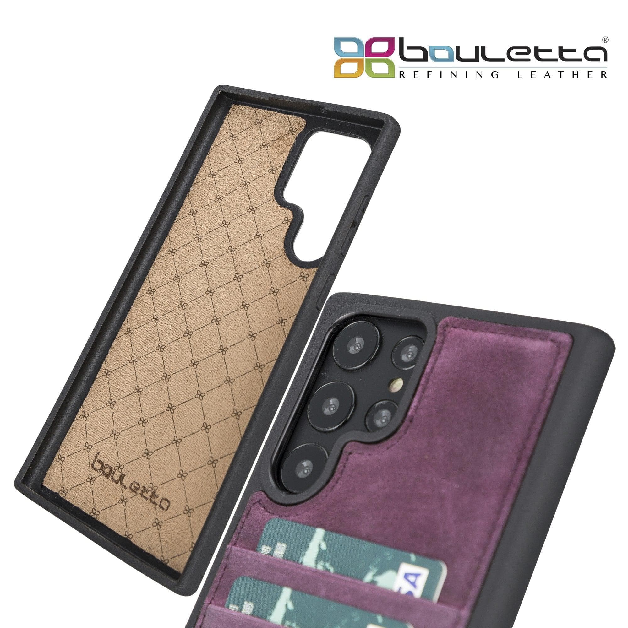 Samsung Galaxy S22 Series Genuine Leather Slim Back Cover Case showcasing its sleek design and card slots.