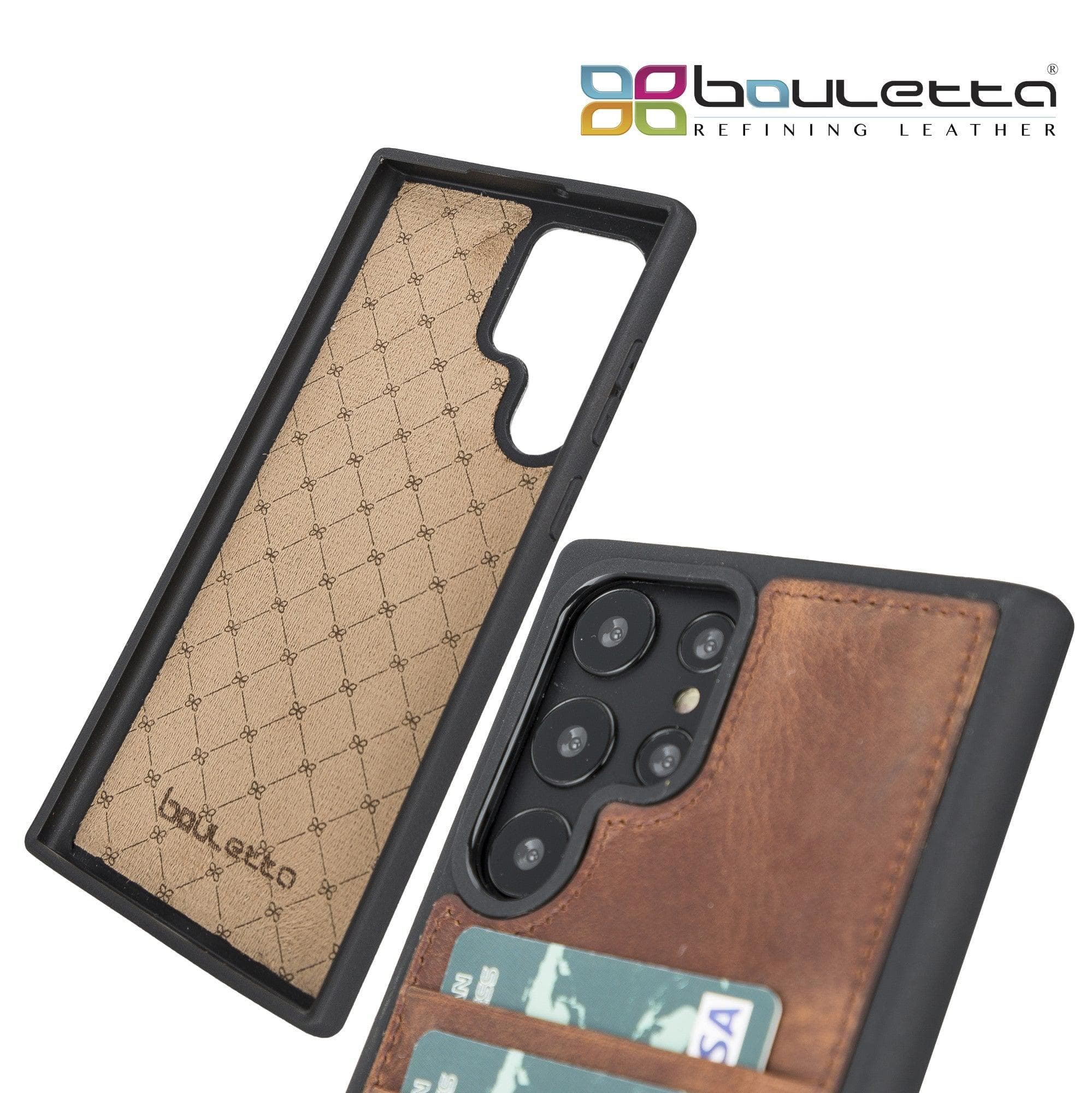 Samsung Galaxy S22 Series Genuine Leather Slim Back Cover Case showcasing its sleek design and card slots.