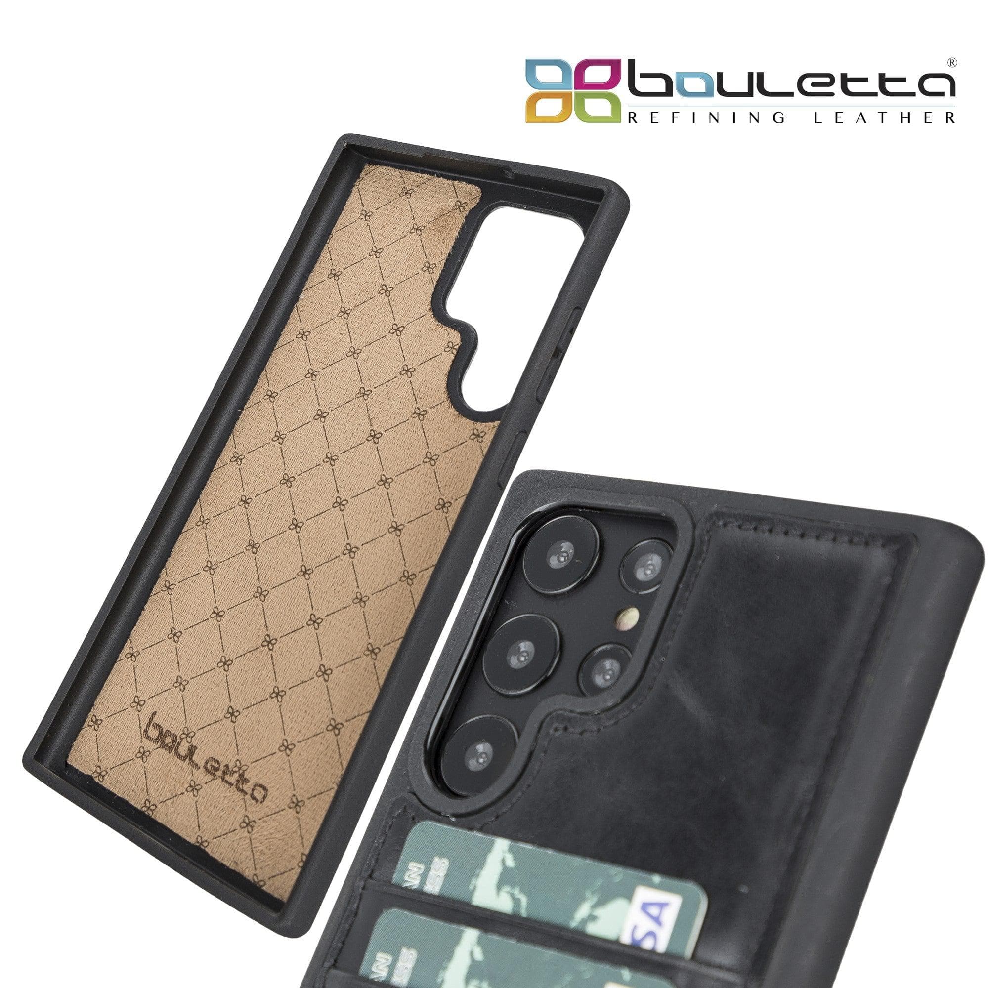 Samsung Galaxy S22 Series Genuine Leather Slim Back Cover Case showcasing its sleek design and card slots.