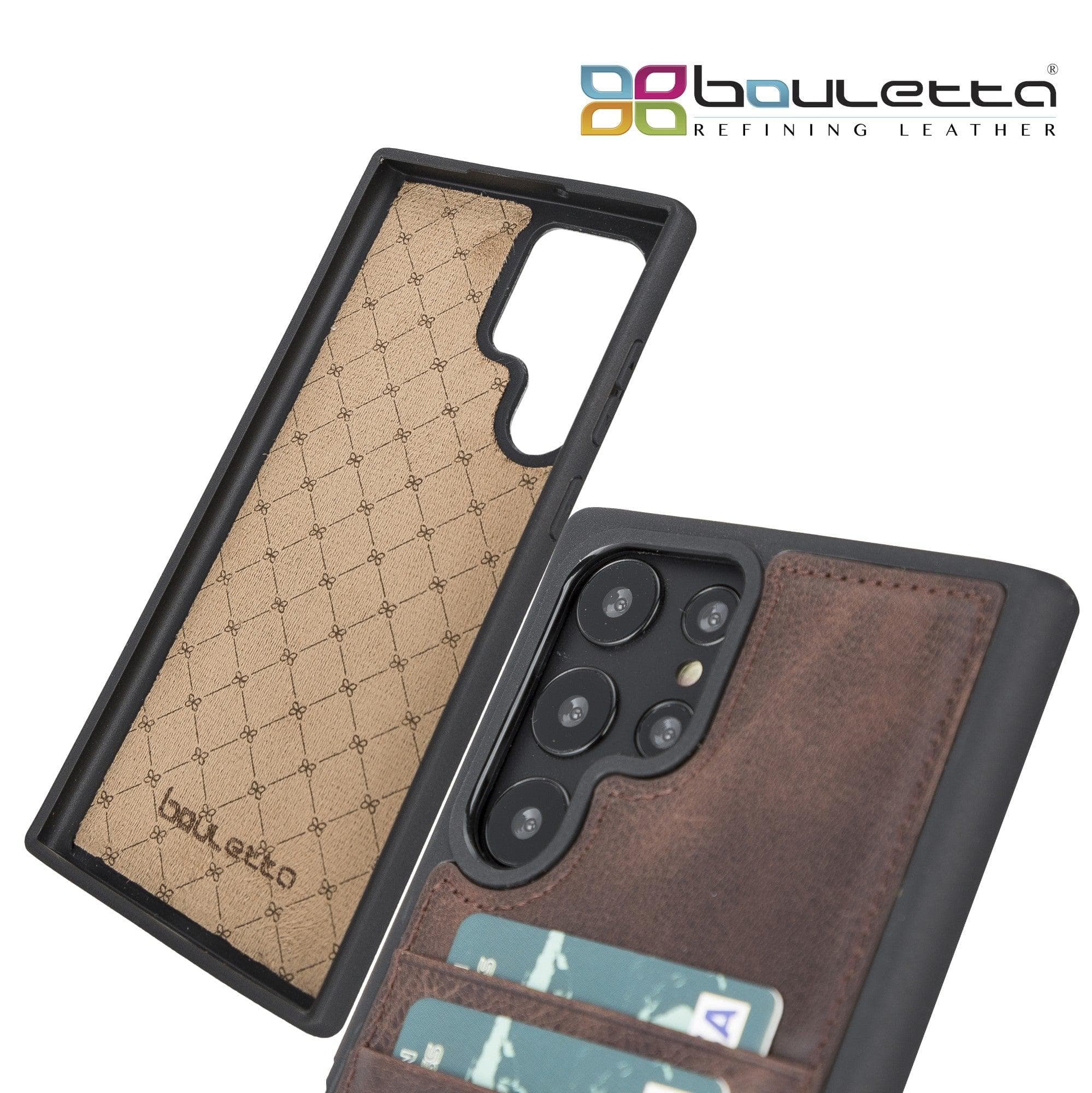 Samsung Galaxy S22 Series Genuine Leather Slim Back Cover Case showcasing its sleek design and card slots.