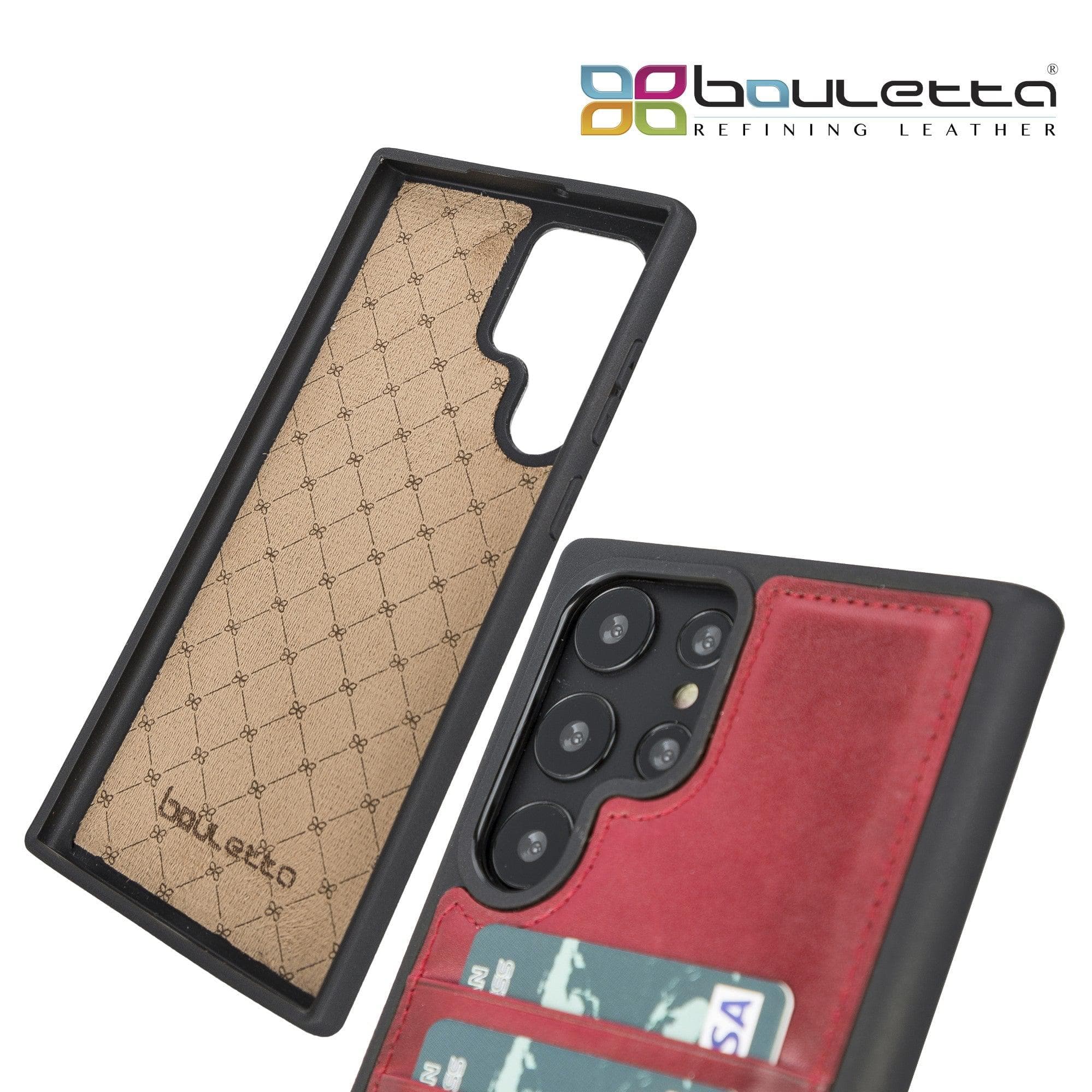 Samsung Galaxy S22 Series Genuine Leather Slim Back Cover Case showcasing its sleek design and card slots.