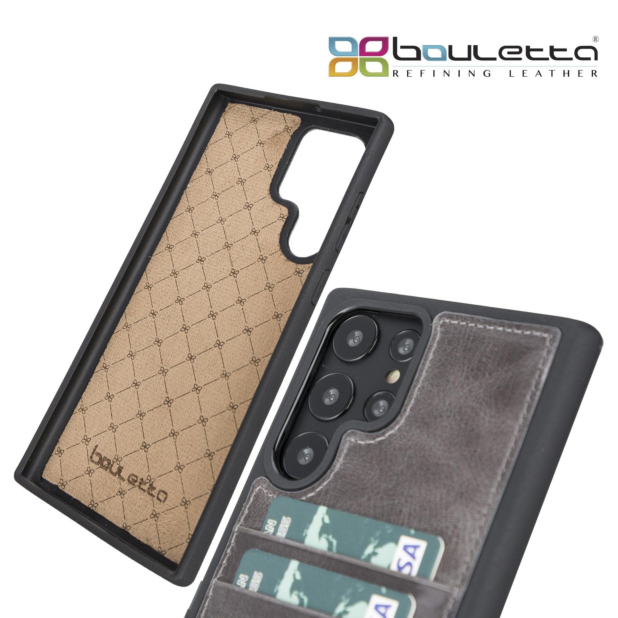 Samsung Galaxy S22 Series Genuine Leather Slim Back Cover Case showcasing its sleek design and card slots.