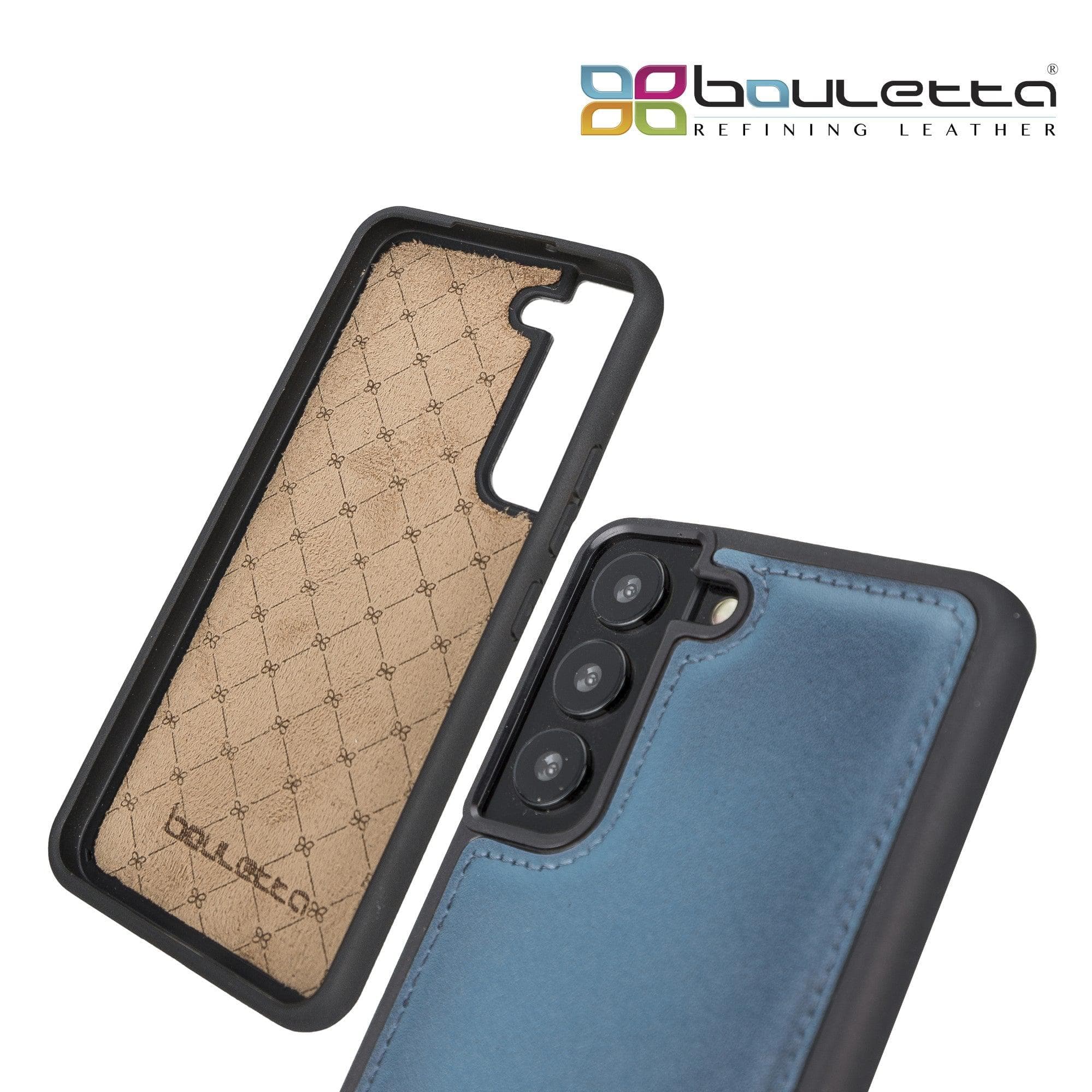 Samsung Galaxy S22 Series Genuine Leather Slim Back Cover Case showcasing its sleek design and card slots.