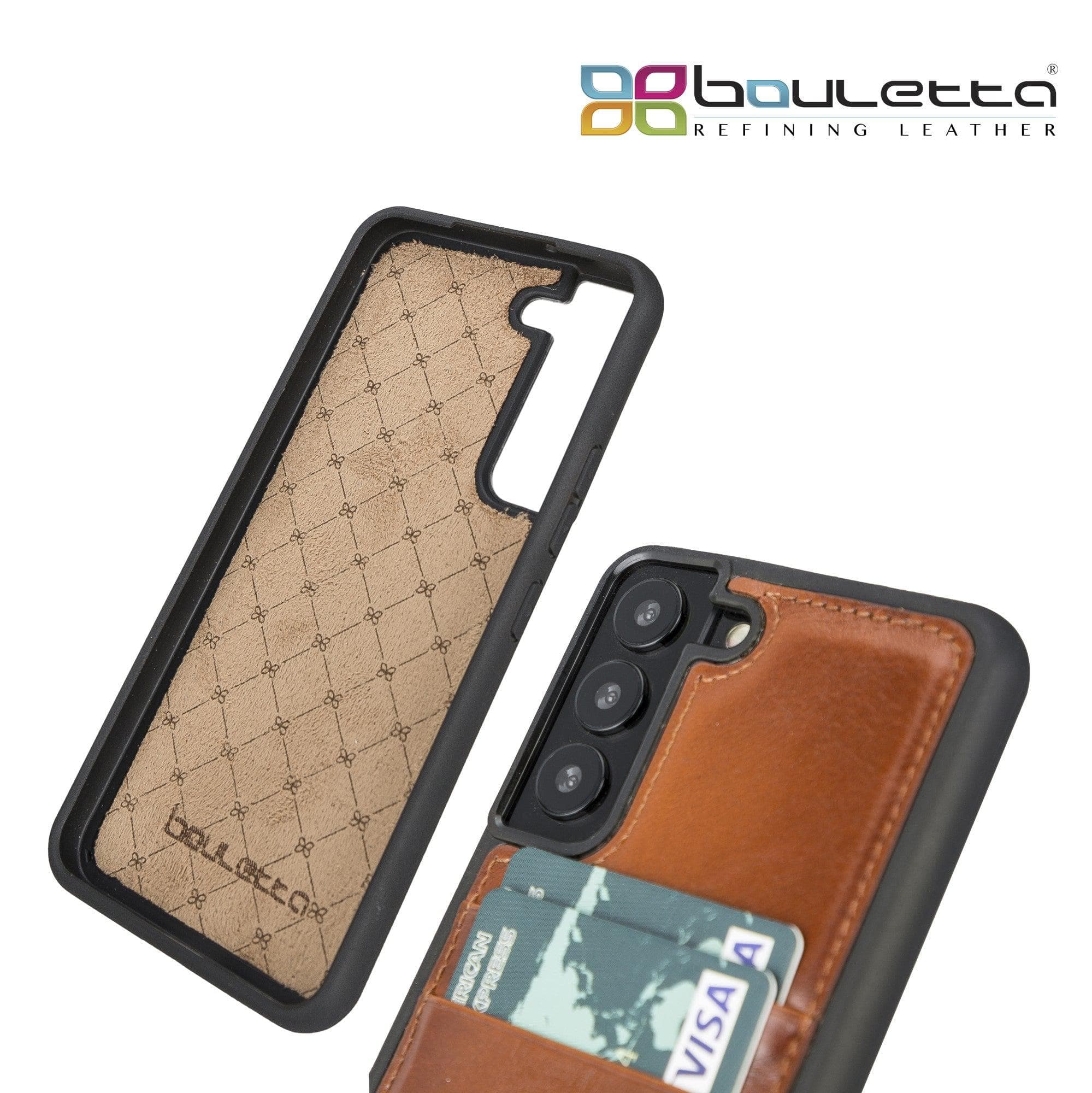 Samsung Galaxy S22 Series Genuine Leather Slim Back Cover Case showcasing its sleek design and card slots.