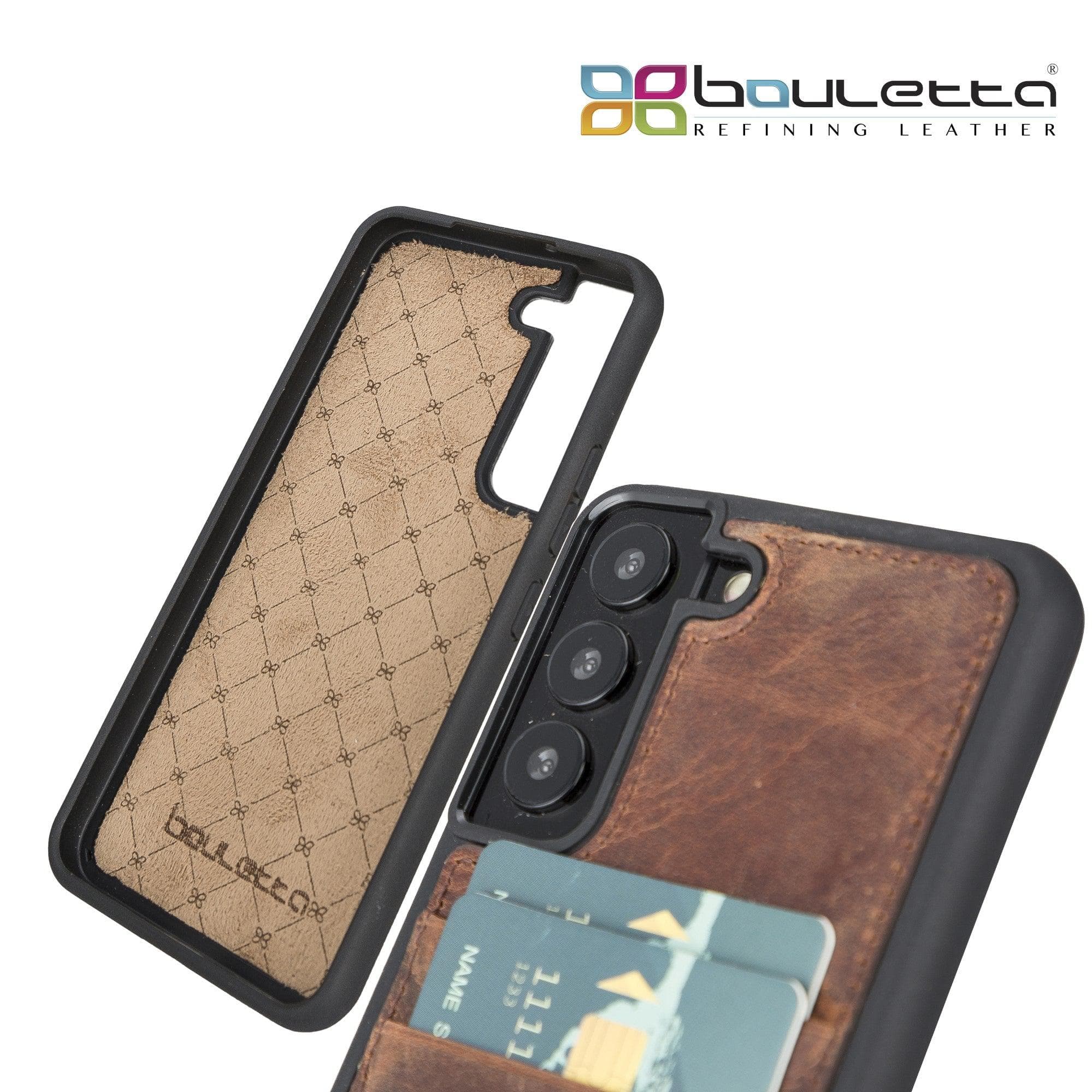 Samsung Galaxy S22 Series Genuine Leather Slim Back Cover Case showcasing its sleek design and card slots.