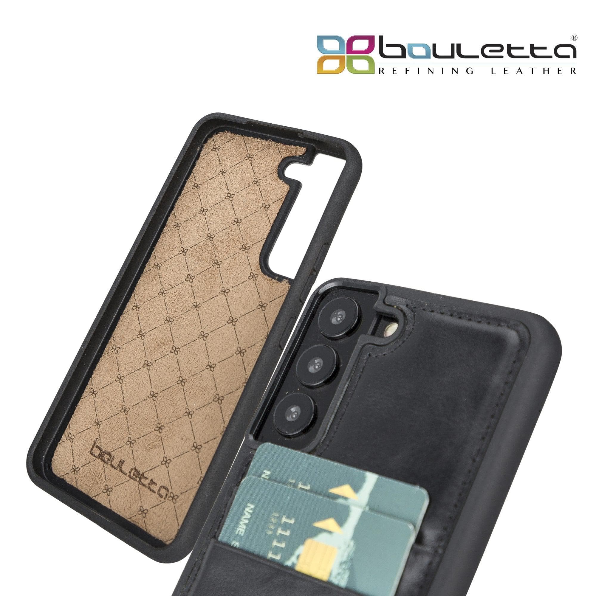 Samsung Galaxy S22 Series Genuine Leather Slim Back Cover Case showcasing its sleek design and card slots.