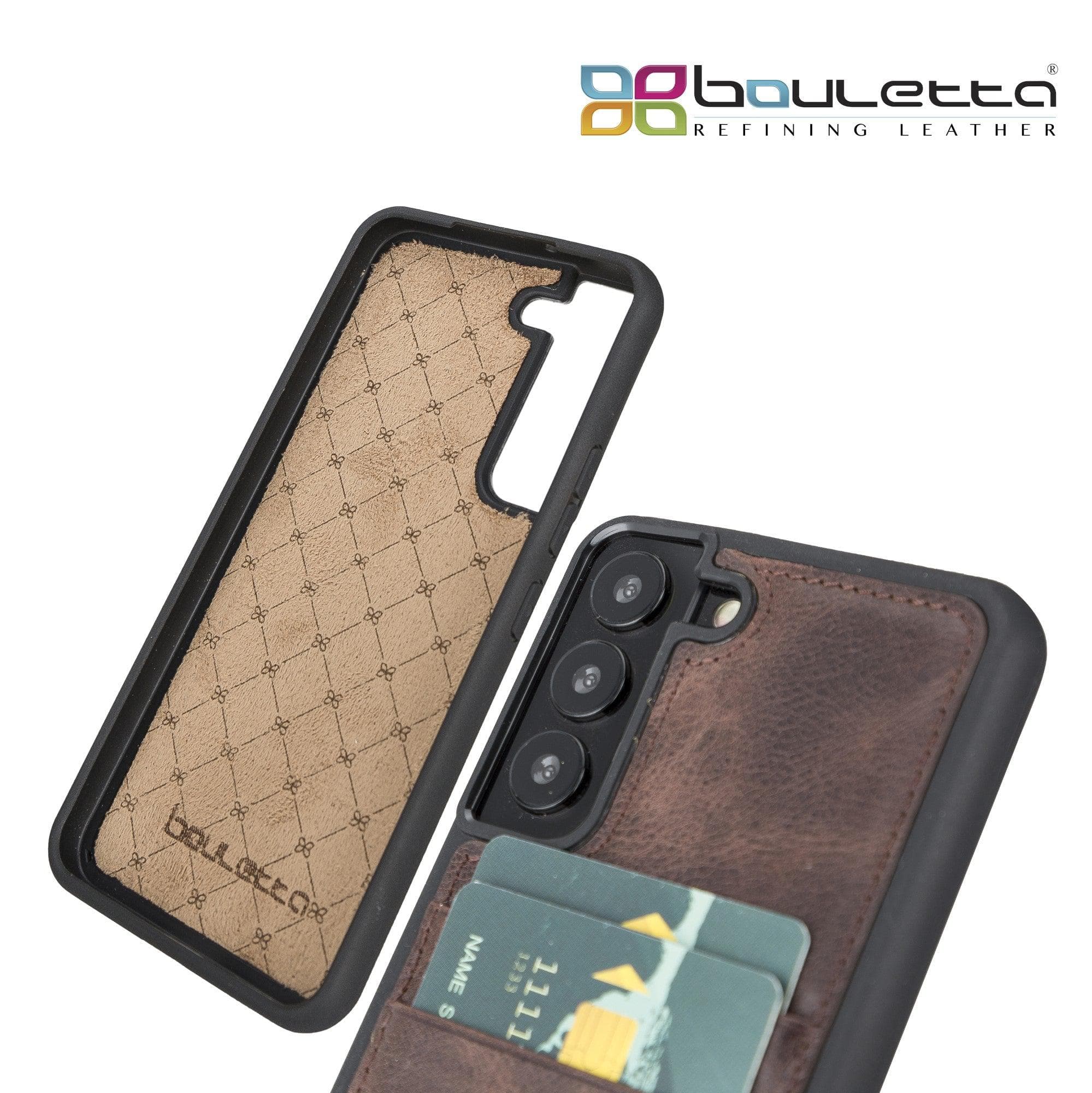 Samsung Galaxy S22 Series Genuine Leather Slim Back Cover Case showcasing its sleek design and card slots.