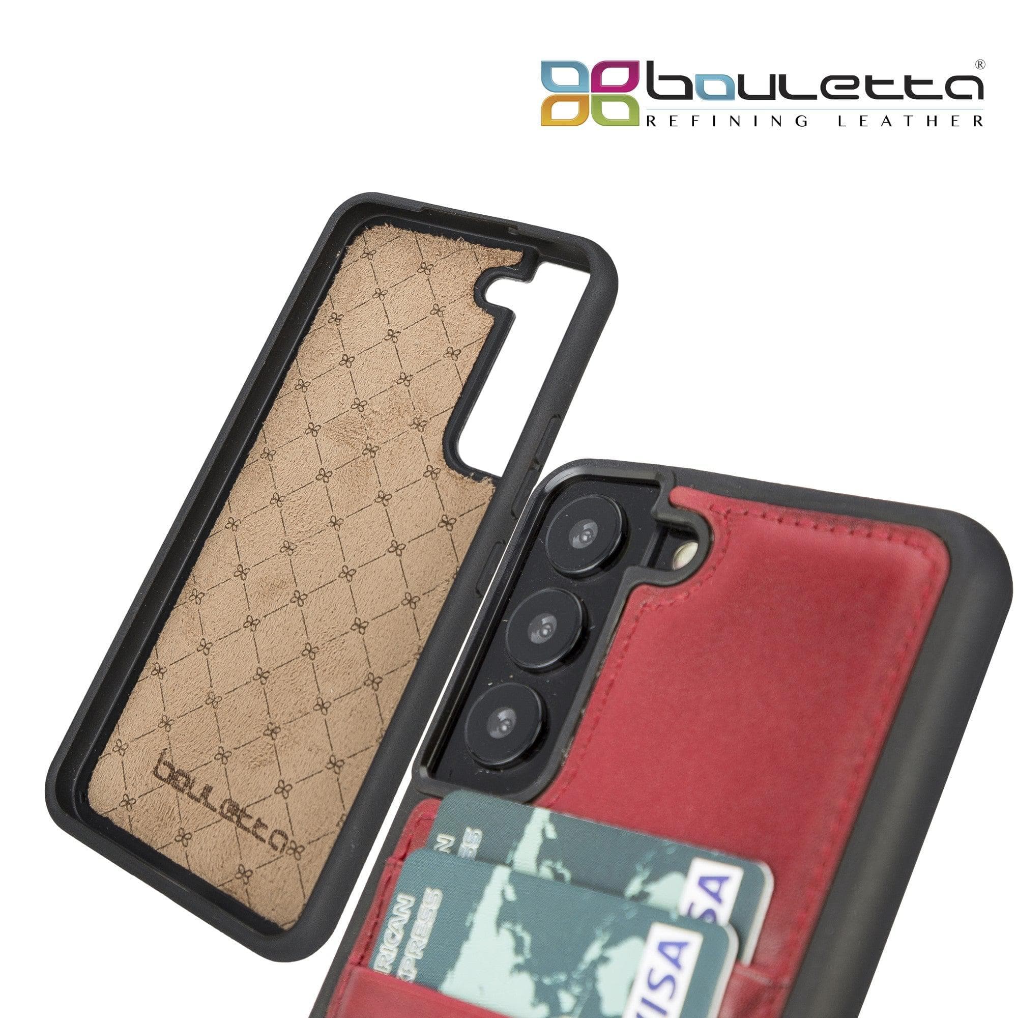 Samsung Galaxy S22 Series Genuine Leather Slim Back Cover Case showcasing its sleek design and card slots.