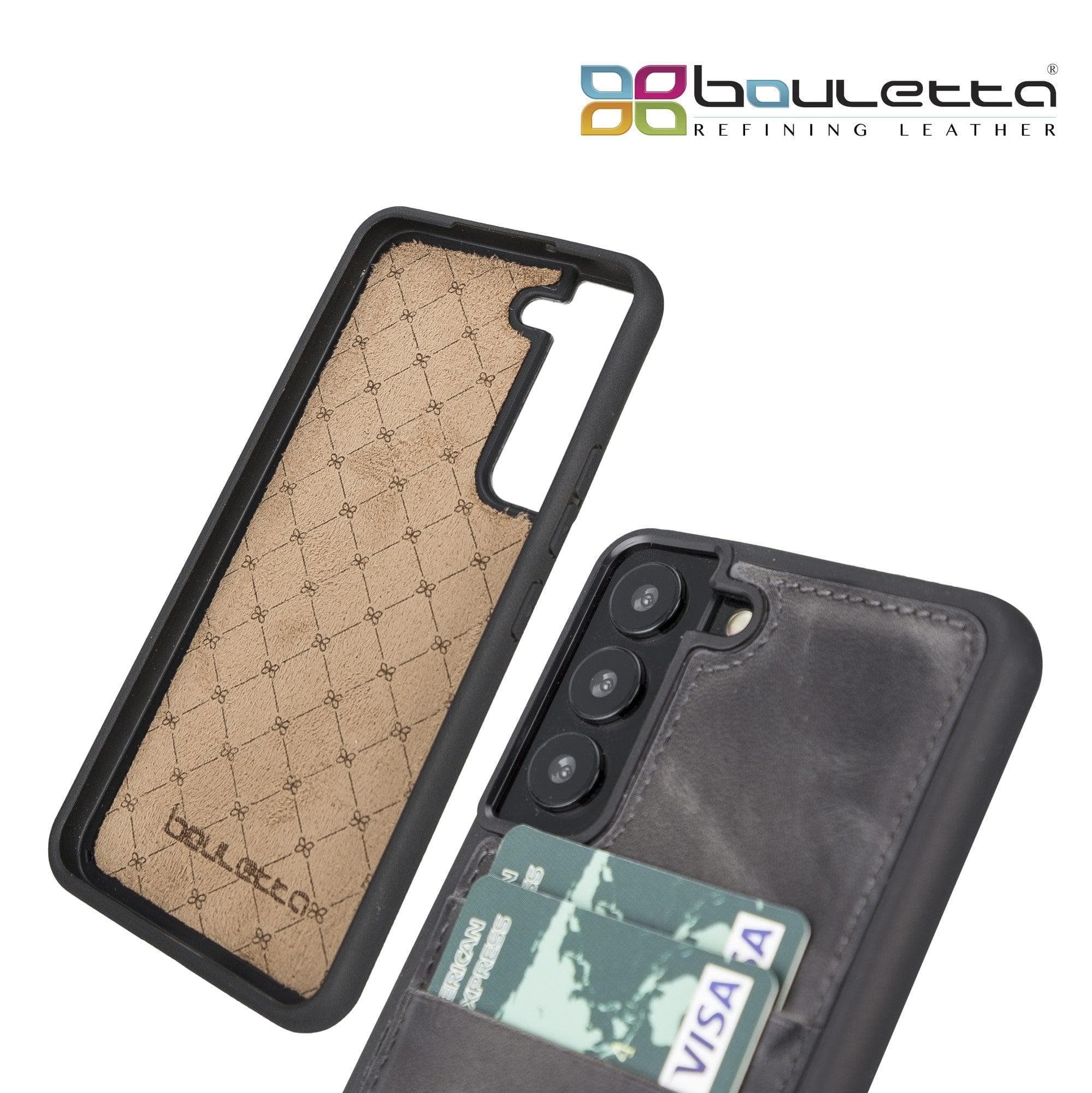 Samsung Galaxy S22 Series Genuine Leather Slim Back Cover Case showcasing its sleek design and card slots.