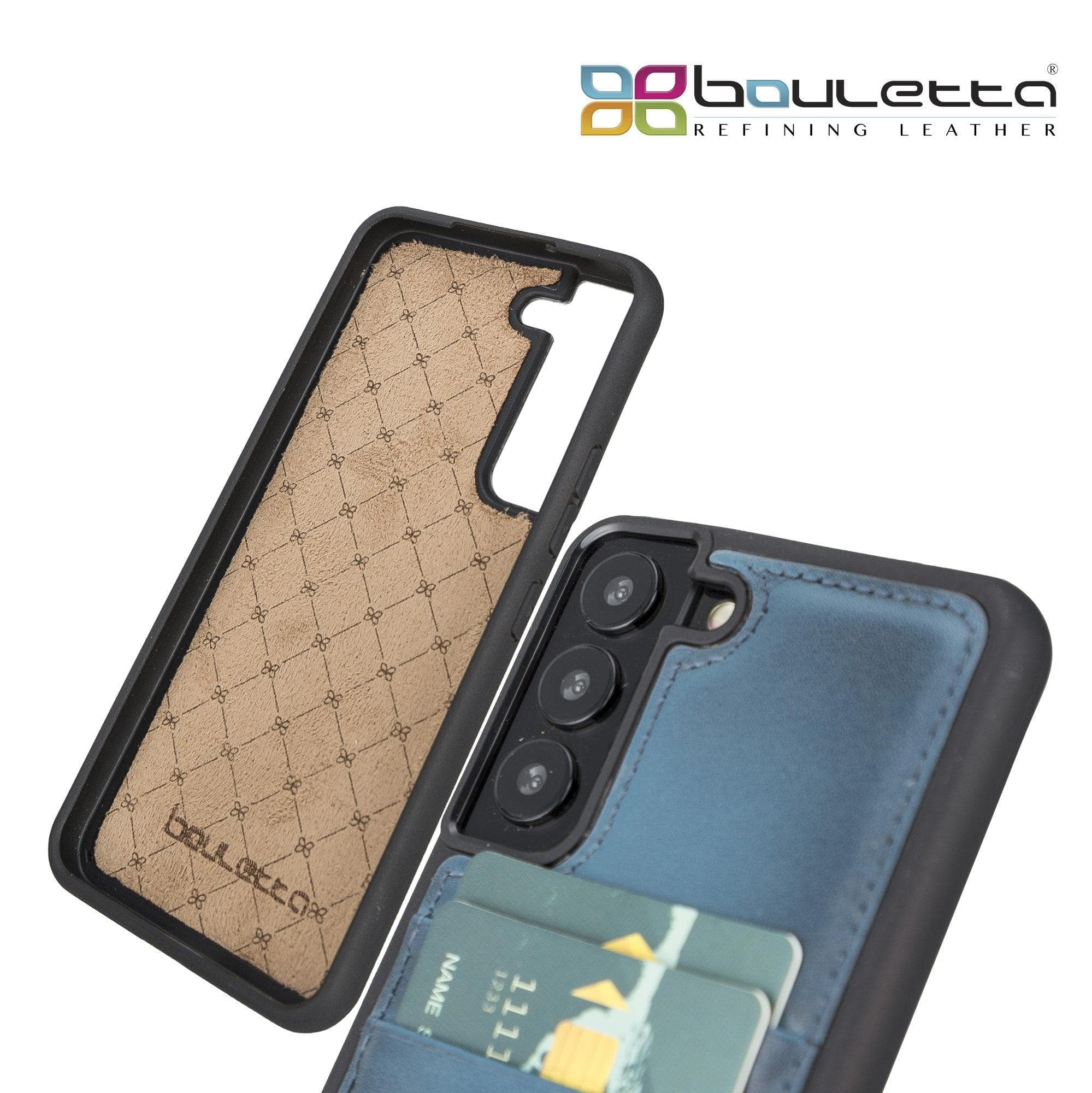 Samsung Galaxy S22 Series Genuine Leather Slim Back Cover Case showcasing its sleek design and card slots.