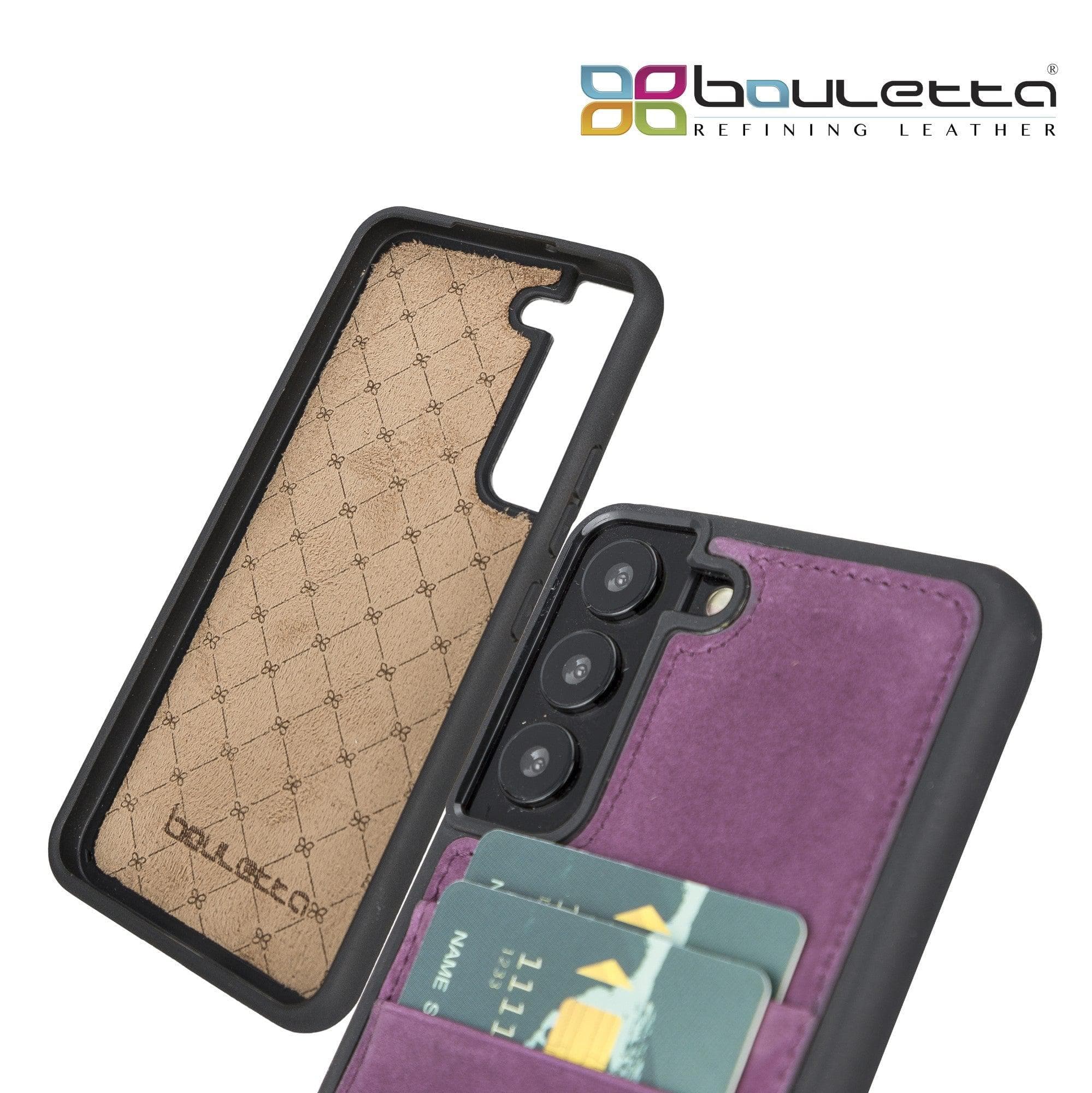 Samsung Galaxy S22 Series Genuine Leather Slim Back Cover Case showcasing its sleek design and card slots.