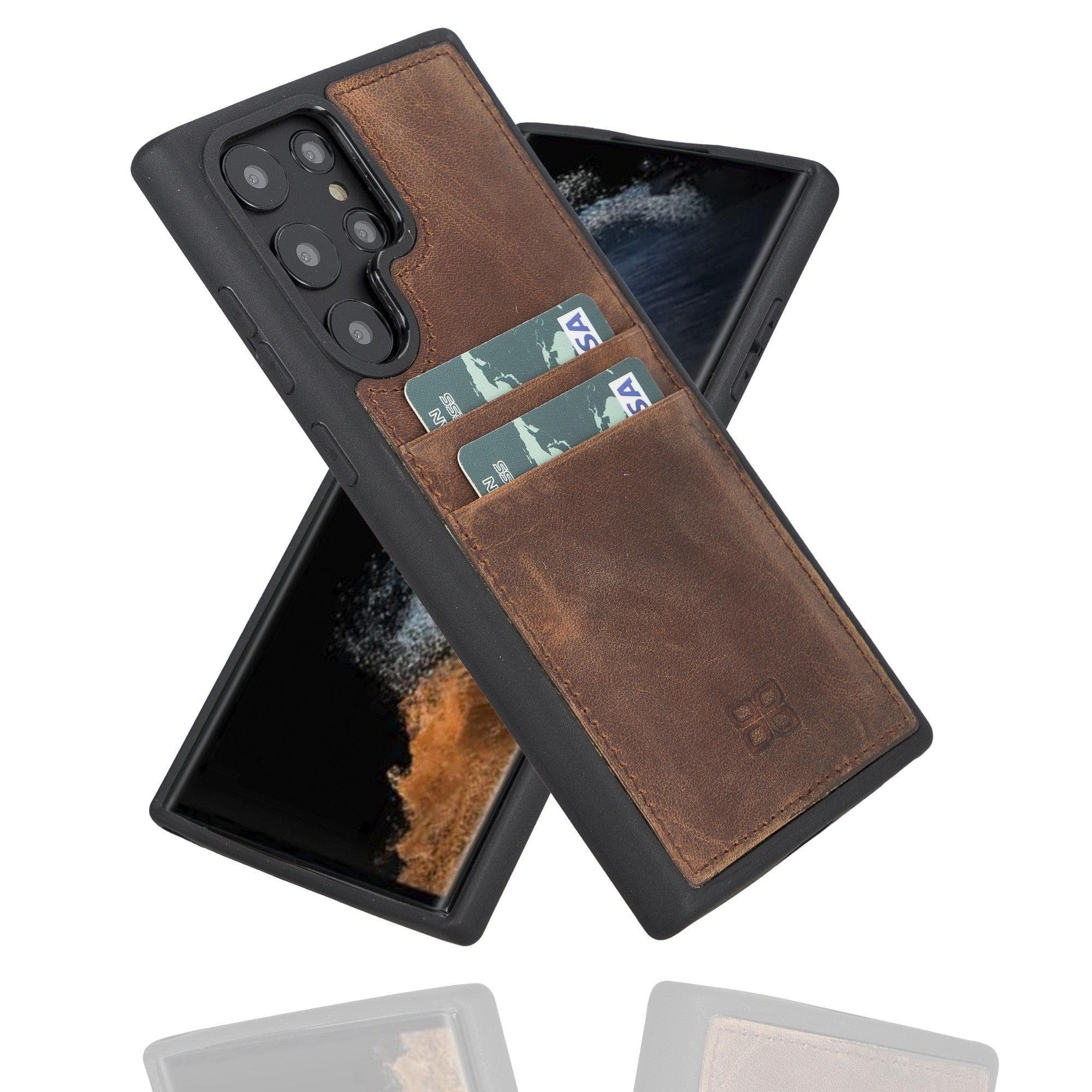 Samsung Galaxy S22 Series Genuine Leather Slim Back Cover Case showcasing its sleek design and card slots.