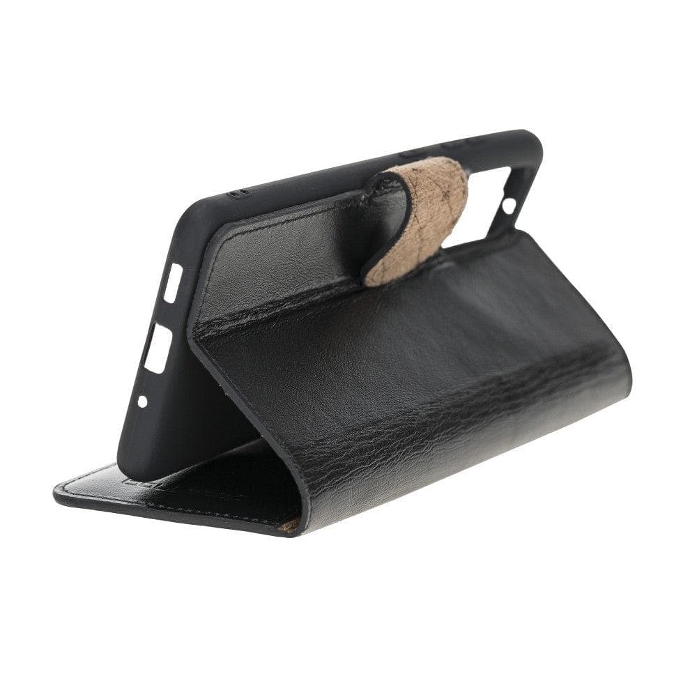 Samsung Galaxy S20 Series Leather Wallet Folio Case in black leather with card slots and magnetic closure.