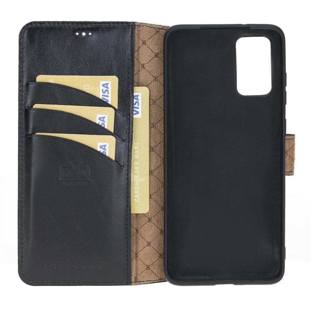 Samsung Galaxy S20 Series Leather Wallet Folio Case in black leather with card slots and magnetic closure.