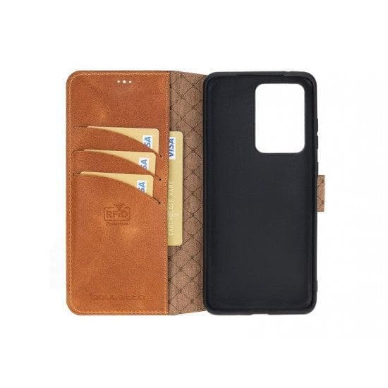 Samsung Galaxy S20 Series Leather Wallet Folio Case in black leather with card slots and magnetic closure.