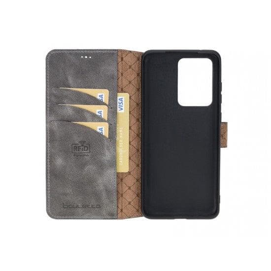 Samsung Galaxy S20 Series Leather Wallet Folio Case in black leather with card slots and magnetic closure.