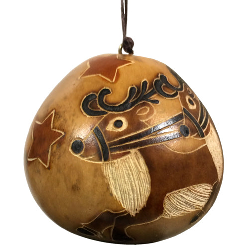 Handcrafted Santa Claus in Sleigh with Reindeer ornament made from natural gourd, showcasing intricate designs by Peruvian artisans.