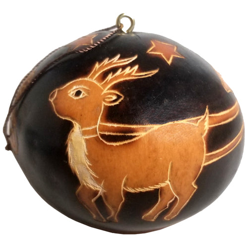 Handcrafted Santa Claus in Sleigh with Reindeer ornament made from natural gourd, showcasing intricate designs by Peruvian artisans.