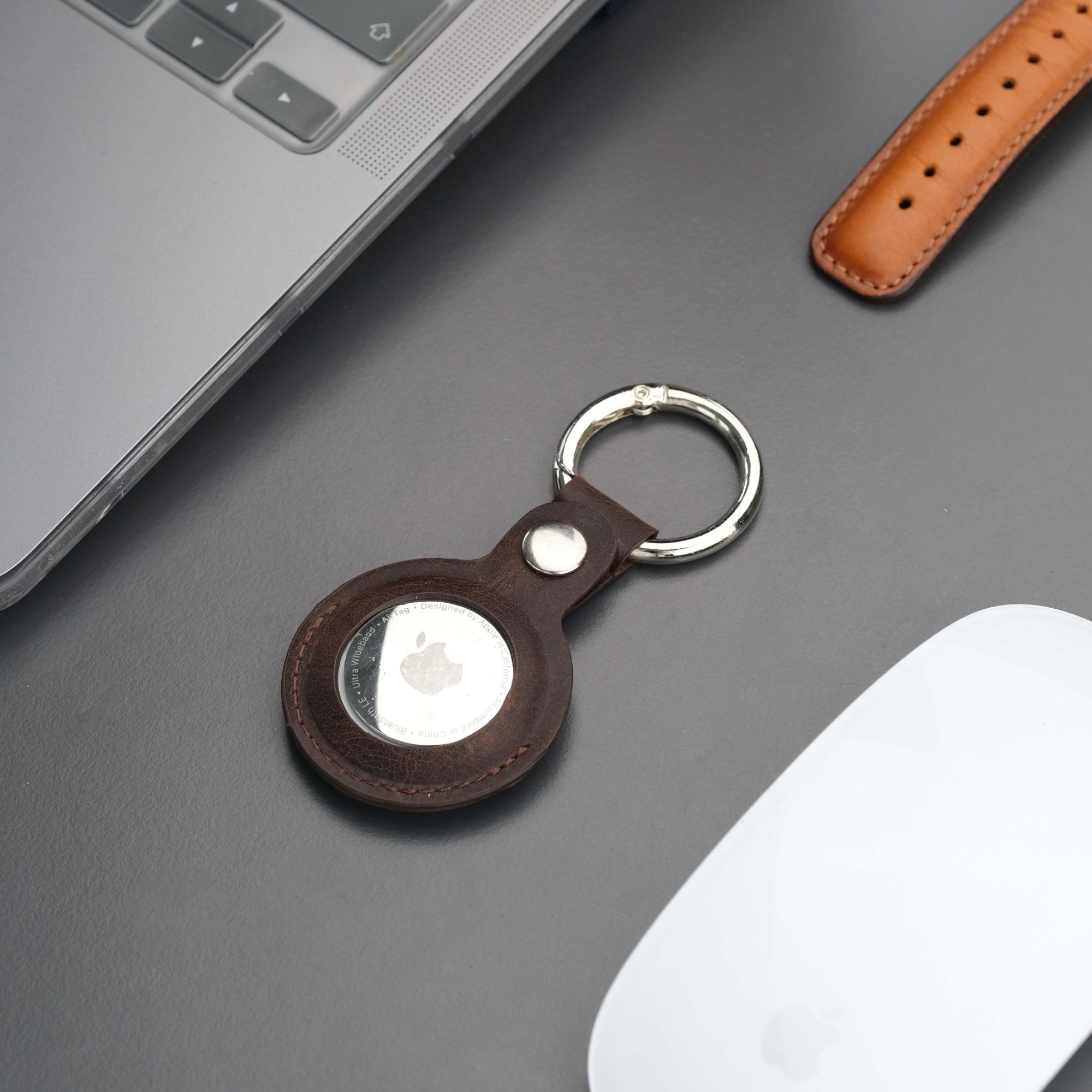 Saratoga Leather AirTag Holder showcasing premium genuine leather craftsmanship with a secure fit for Apple AirTag.