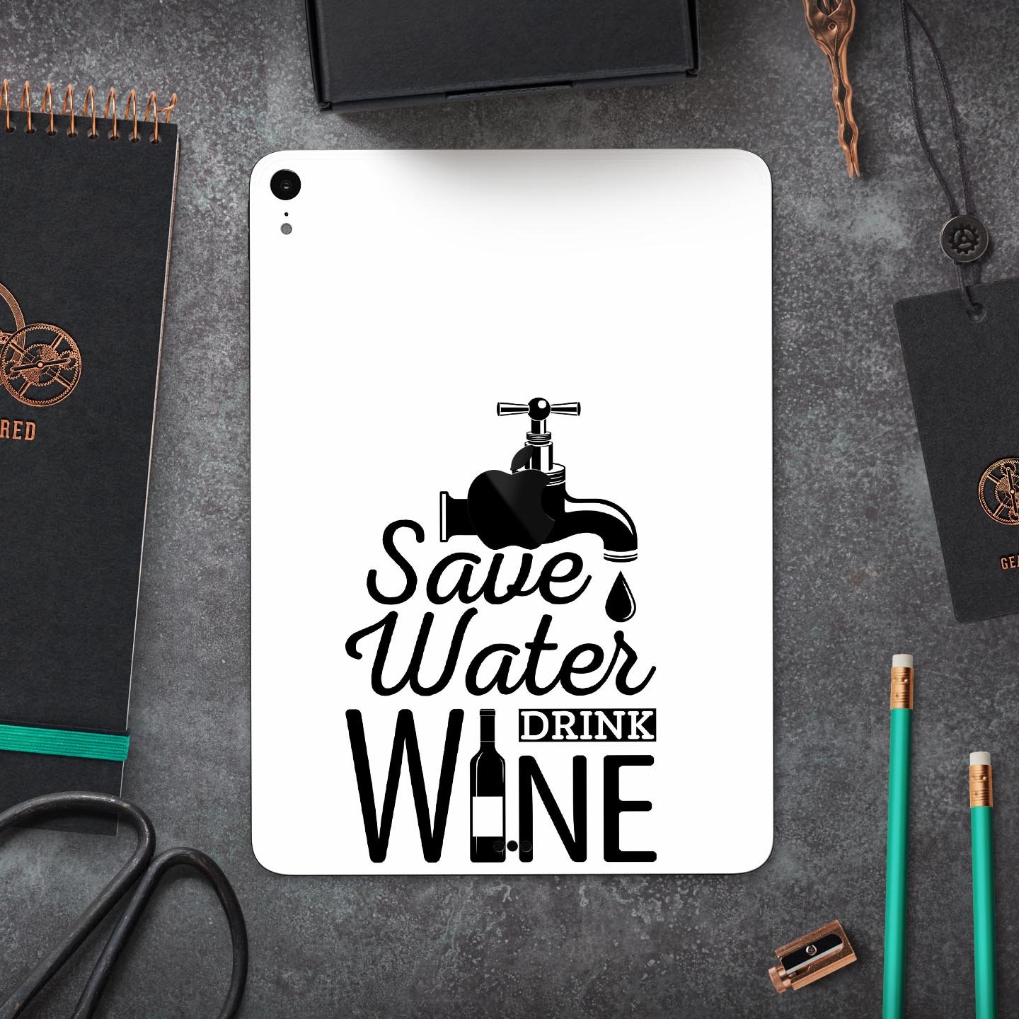 Save Water Drink Wine full body skin decal for Apple iPad Pro, showcasing vibrant design and premium 3M material.