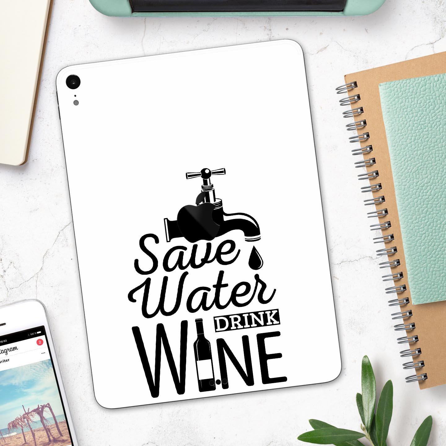 Save Water Drink Wine full body skin decal for Apple iPad Pro, showcasing vibrant design and premium 3M material.