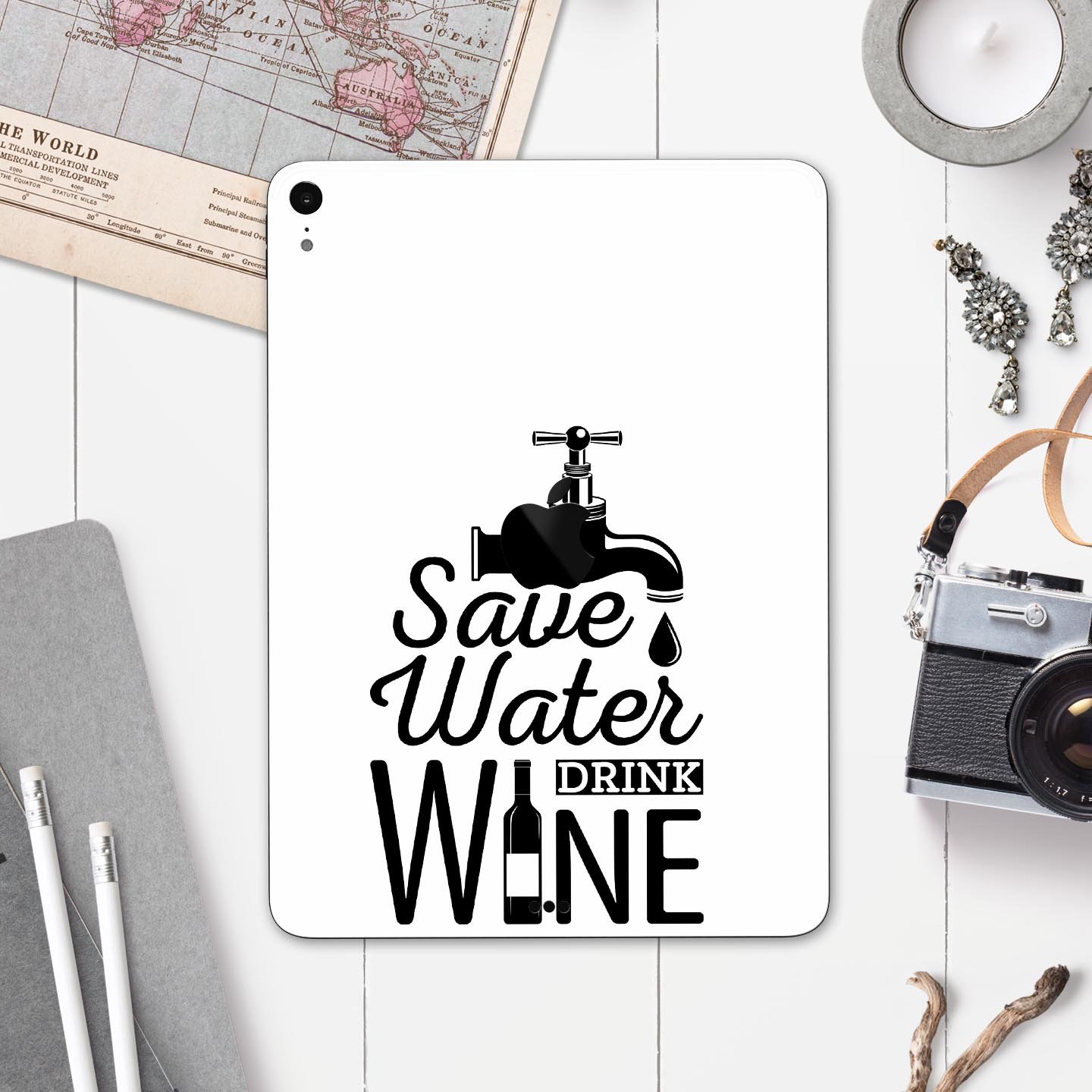 Save Water Drink Wine full body skin decal for Apple iPad Pro, showcasing vibrant design and premium 3M material.