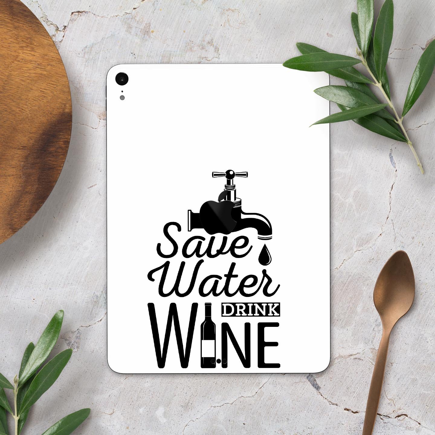 Save Water Drink Wine full body skin decal for Apple iPad Pro, showcasing vibrant design and premium 3M material.