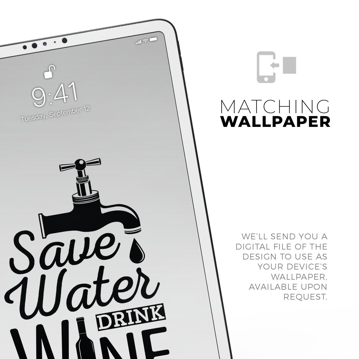 Save Water Drink Wine full body skin decal for Apple iPad Pro, showcasing vibrant design and premium 3M material.