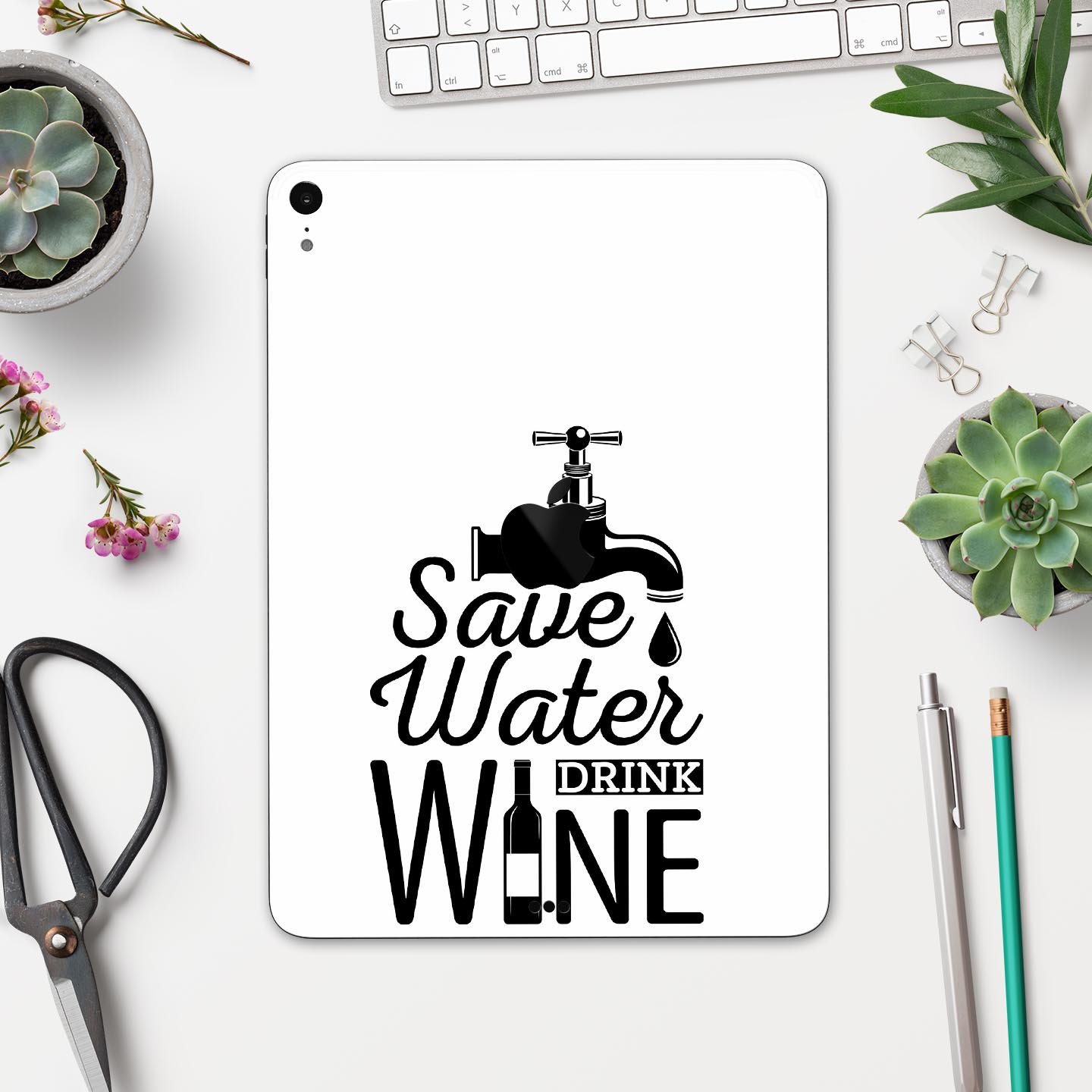 Save Water Drink Wine full body skin decal for Apple iPad Pro, showcasing vibrant design and premium 3M material.