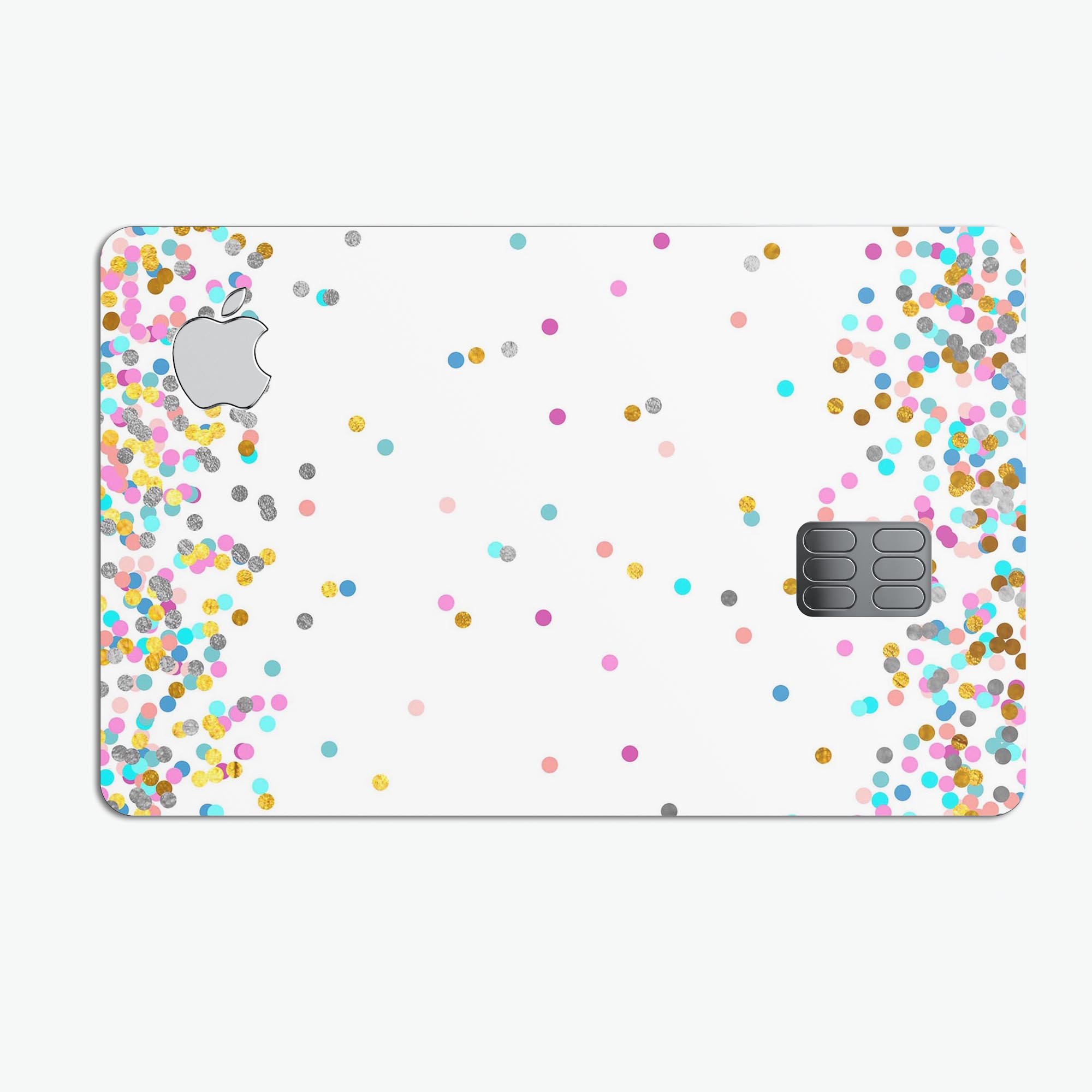 Colorful micro dots design on a premium protective decal for Apple Card, showcasing vibrant patterns and textures.