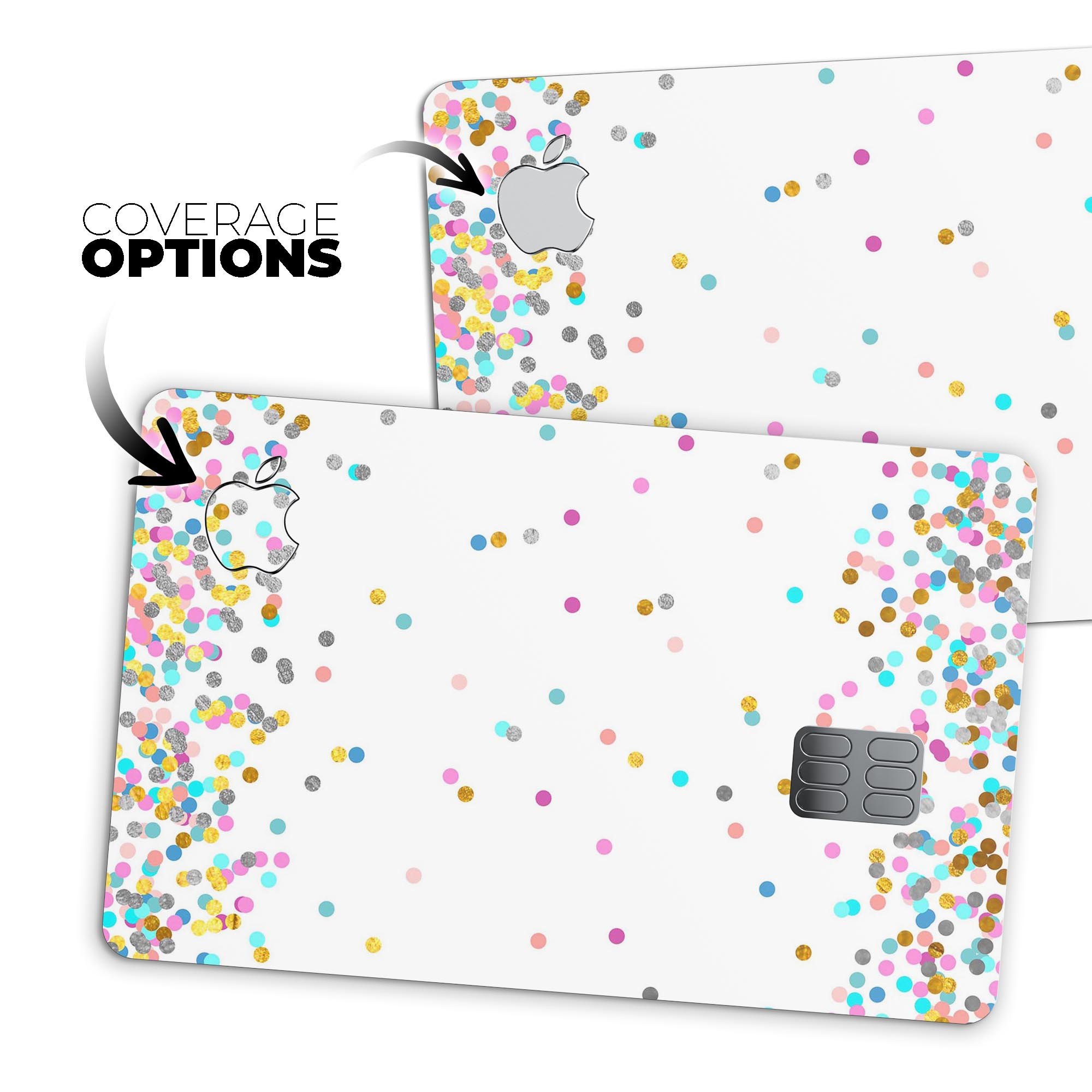 Colorful micro dots design on a premium protective decal for Apple Card, showcasing vibrant patterns and textures.