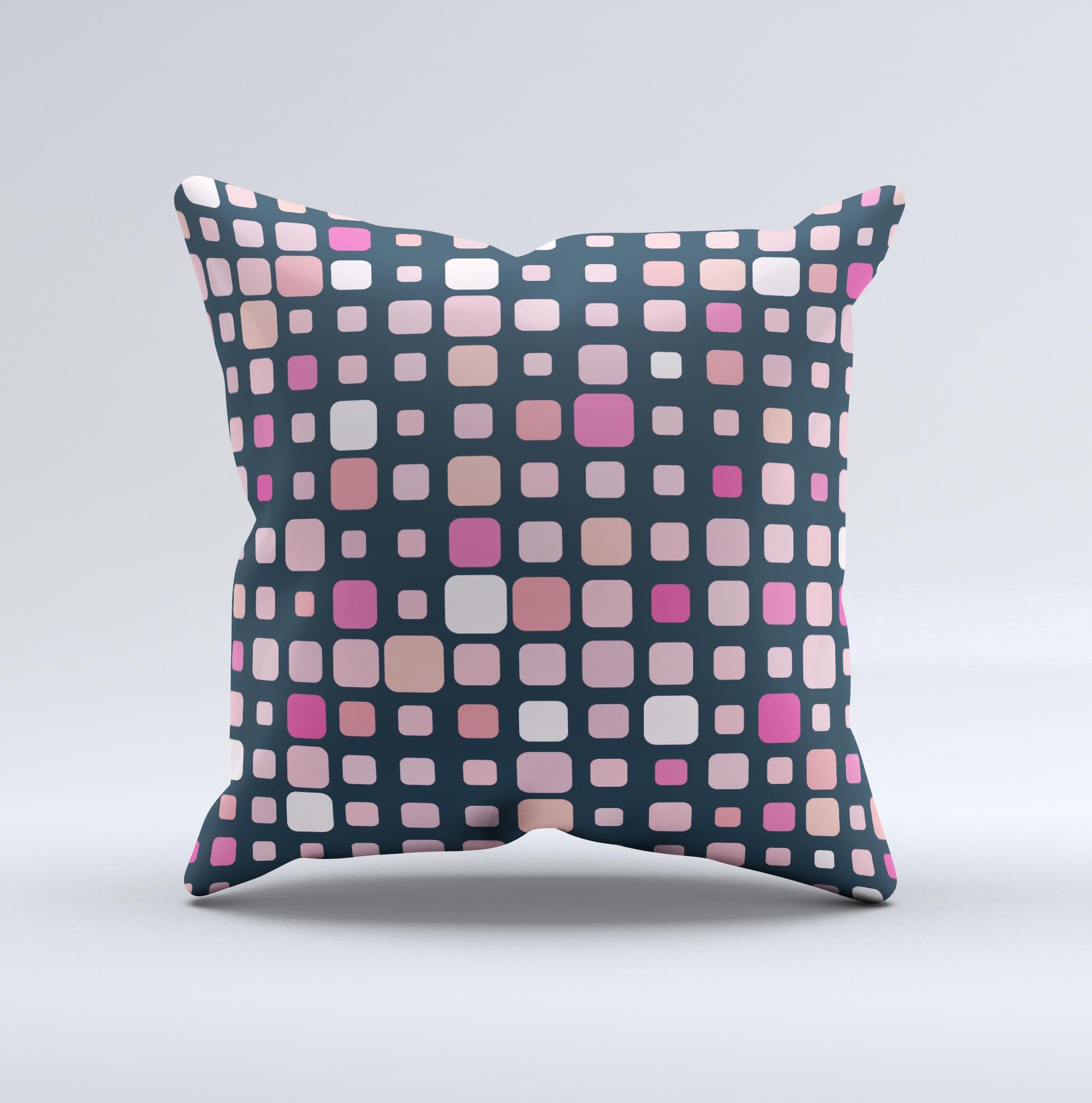 Handcrafted decorative throw pillow featuring scattered pink squared polka dots on a soft fabric, perfect for home decor.