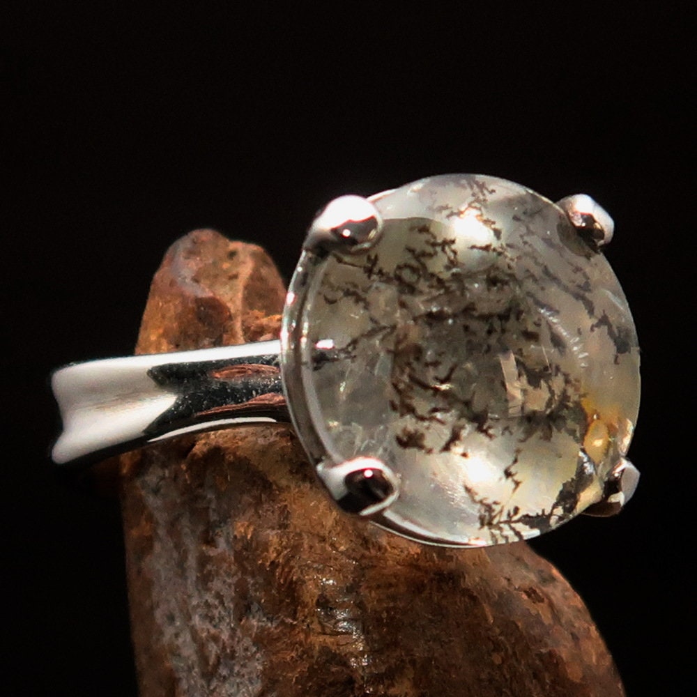 Scenic Dendrite Silver Ring featuring a round cut Tree Agate gemstone set in polished sterling silver, showcasing intricate natural patterns.