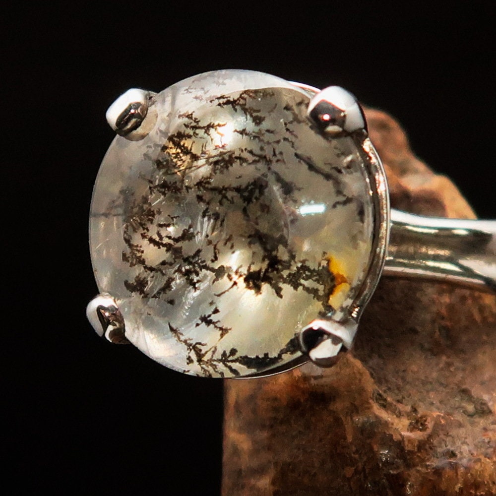 Scenic Dendrite Silver Ring featuring a round cut Tree Agate gemstone set in polished sterling silver, showcasing intricate natural patterns.