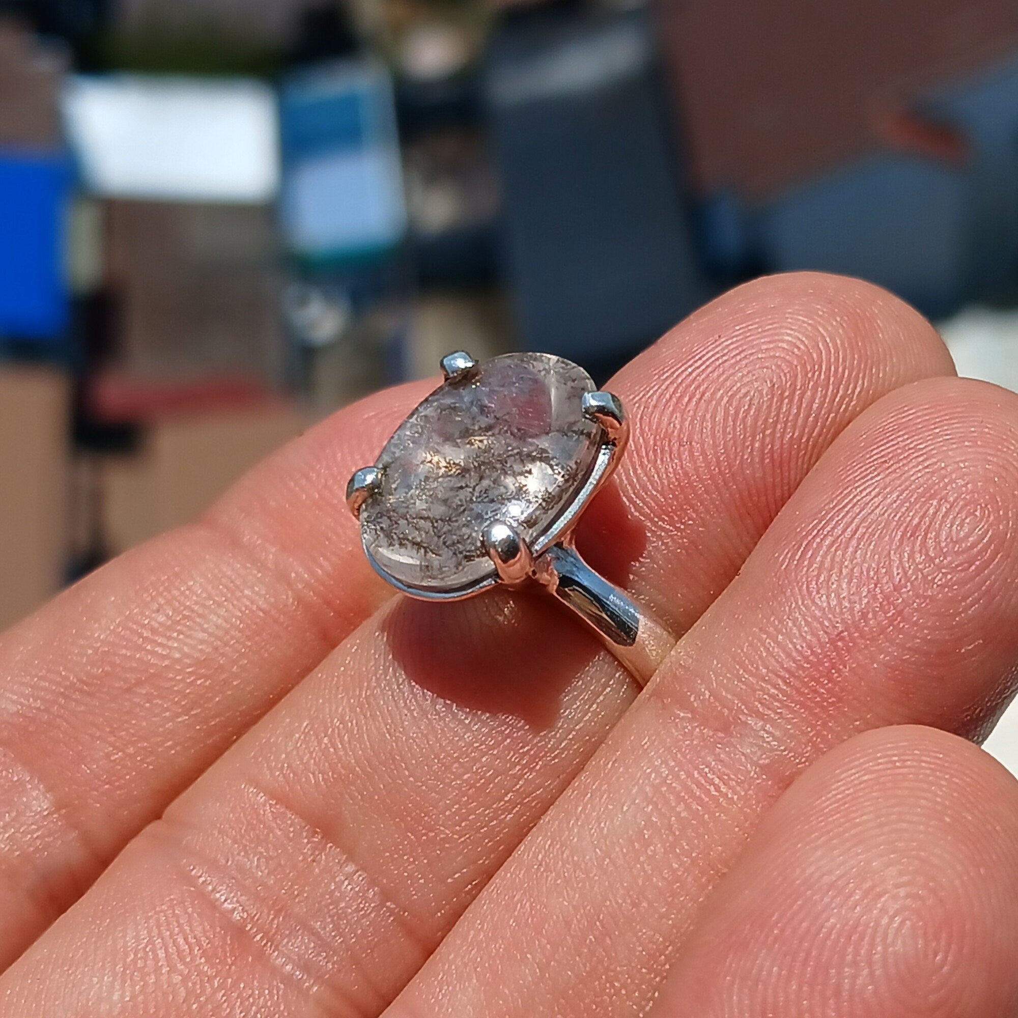 A stunning Scenic Dendrite Silver Ring featuring a round cut Dendrite Tree Agate set in polished sterling silver, showcasing unique natural patterns.