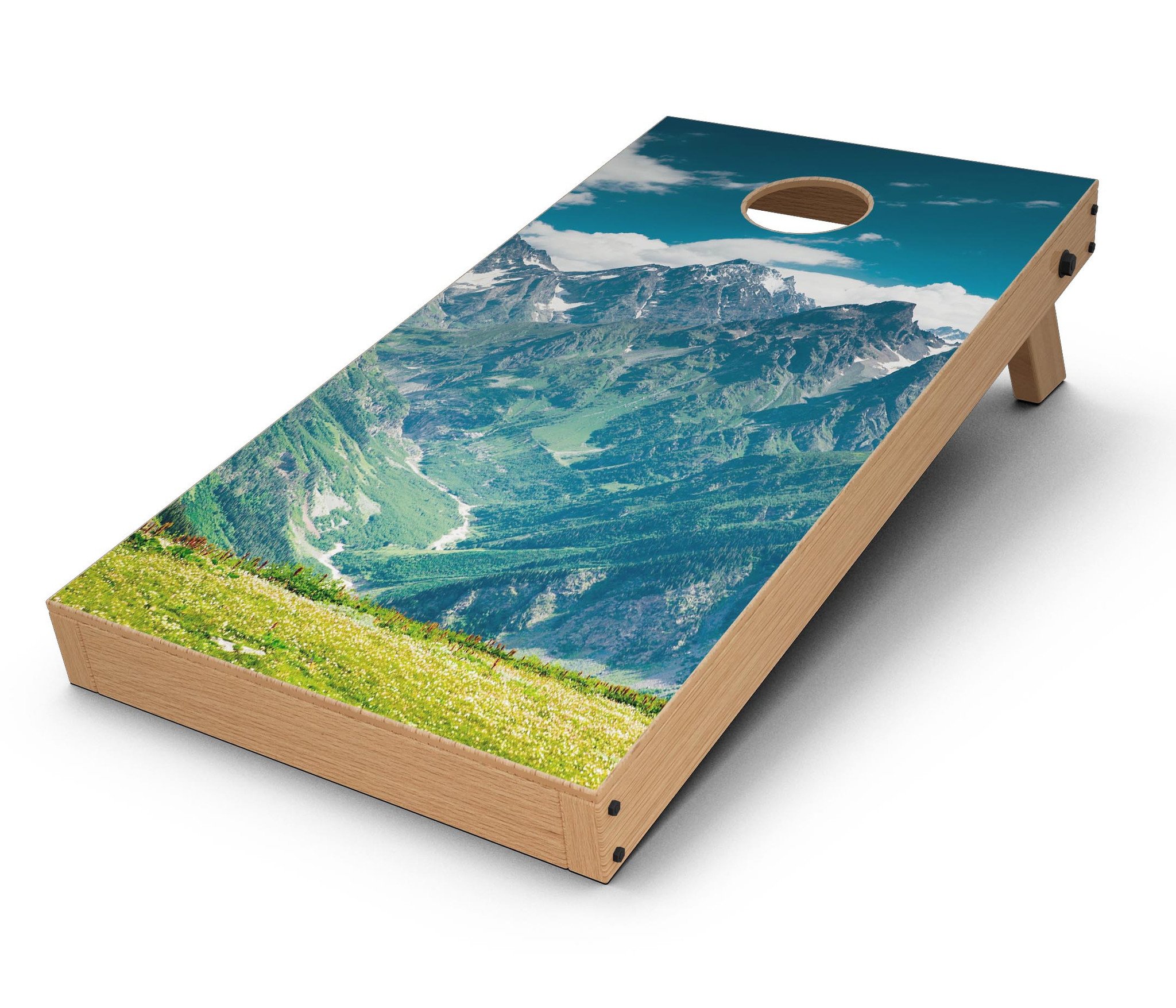 Scenic Mountaintops CornHole Board Skin Decal Kit showcasing vibrant mountain scenery on a Cornhole board.